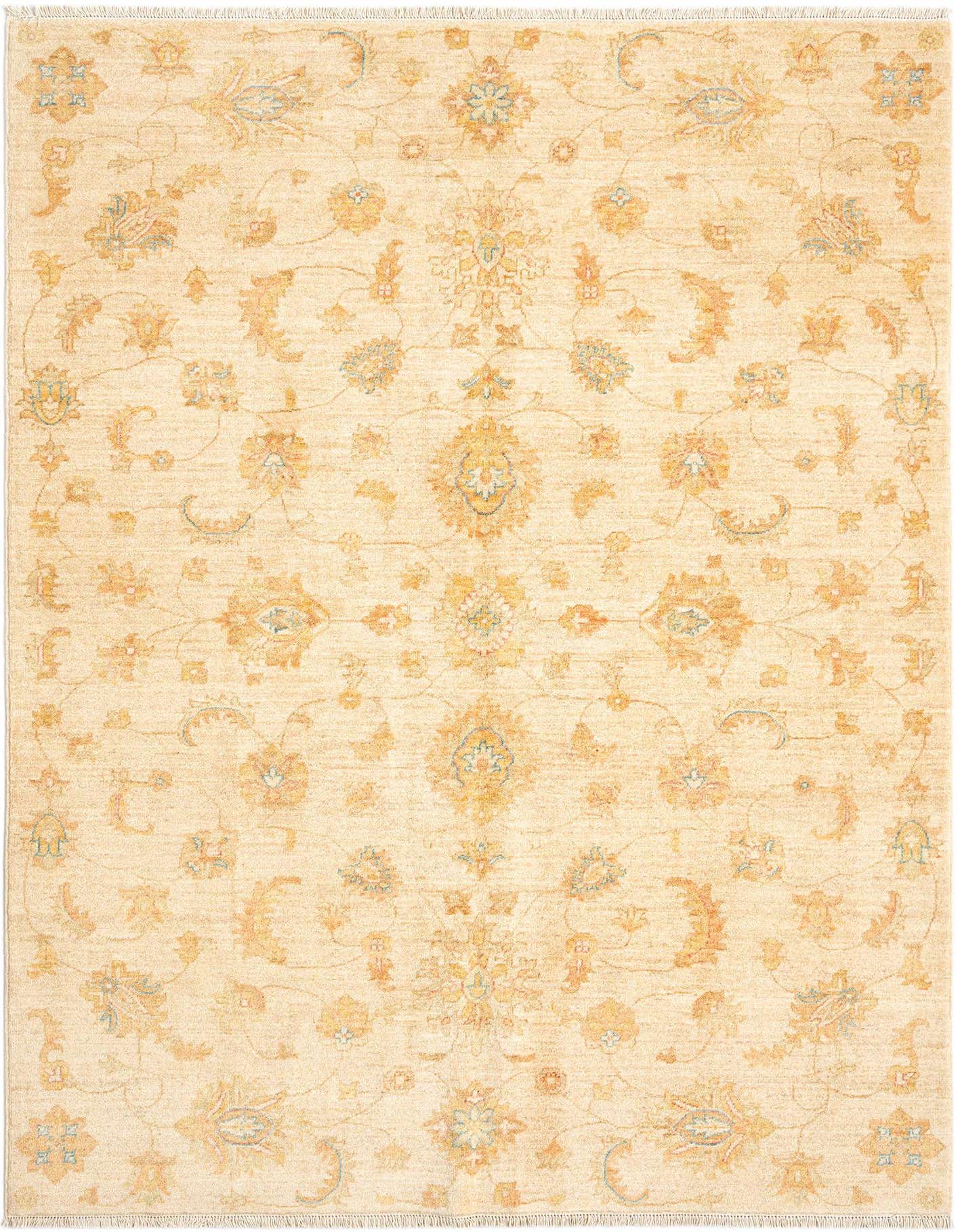 A 5x8 rectangular ivory Persian rug with intricate floral and medallion patterns in muted gold and light blue, suitable for various indoor rooms.