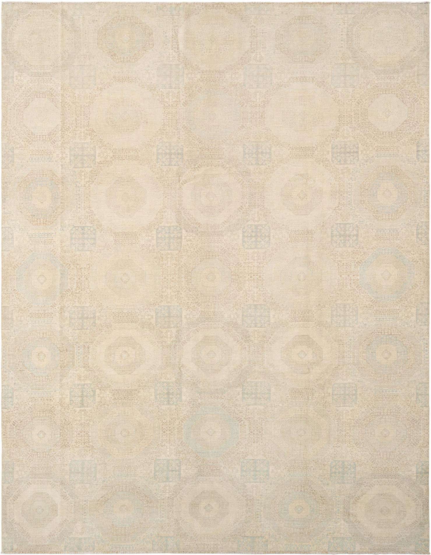 A rectangular handmade Ziegler rug in ivory and cream with a subtle Persian oriental pattern, suitable for indoor spaces.