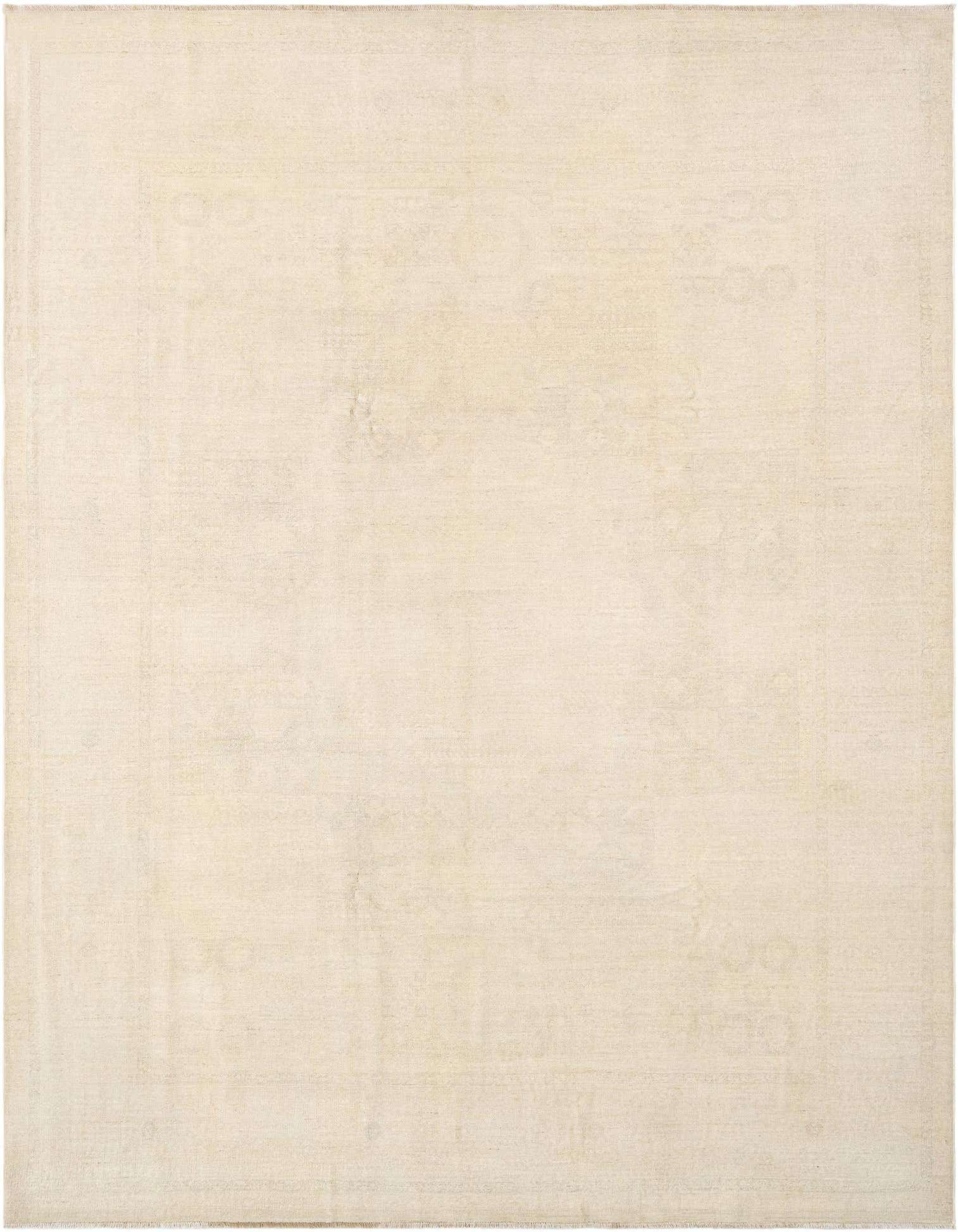 A rectangular handmade ivory wool rug with subtle Persian and Oriental patterns, ideal for indoor spaces.