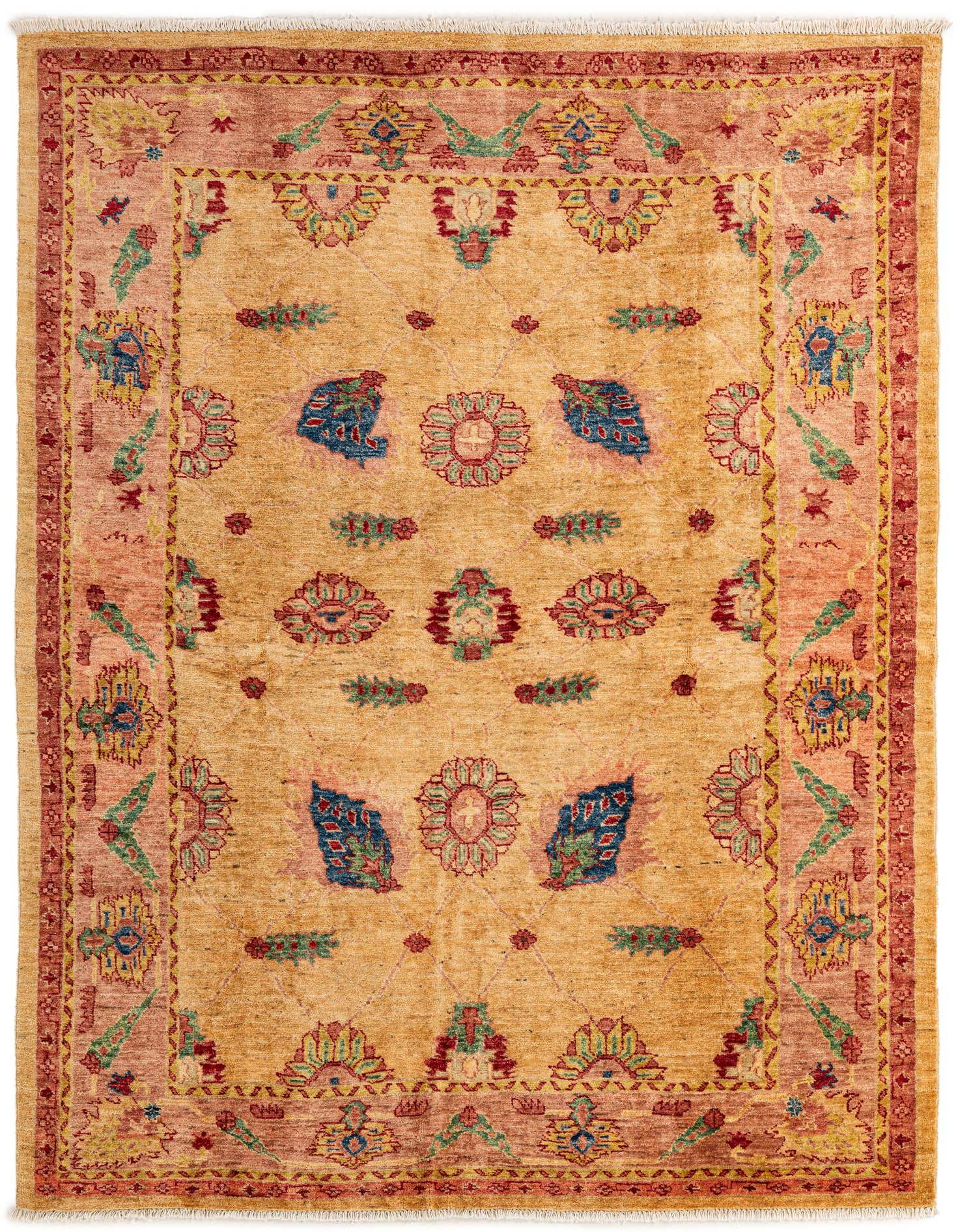A 5x7 rectangular Ziegler rug with an ivory field and a delicate floral and vine pattern in blue, red, and green, framed by a rust-colored border.
