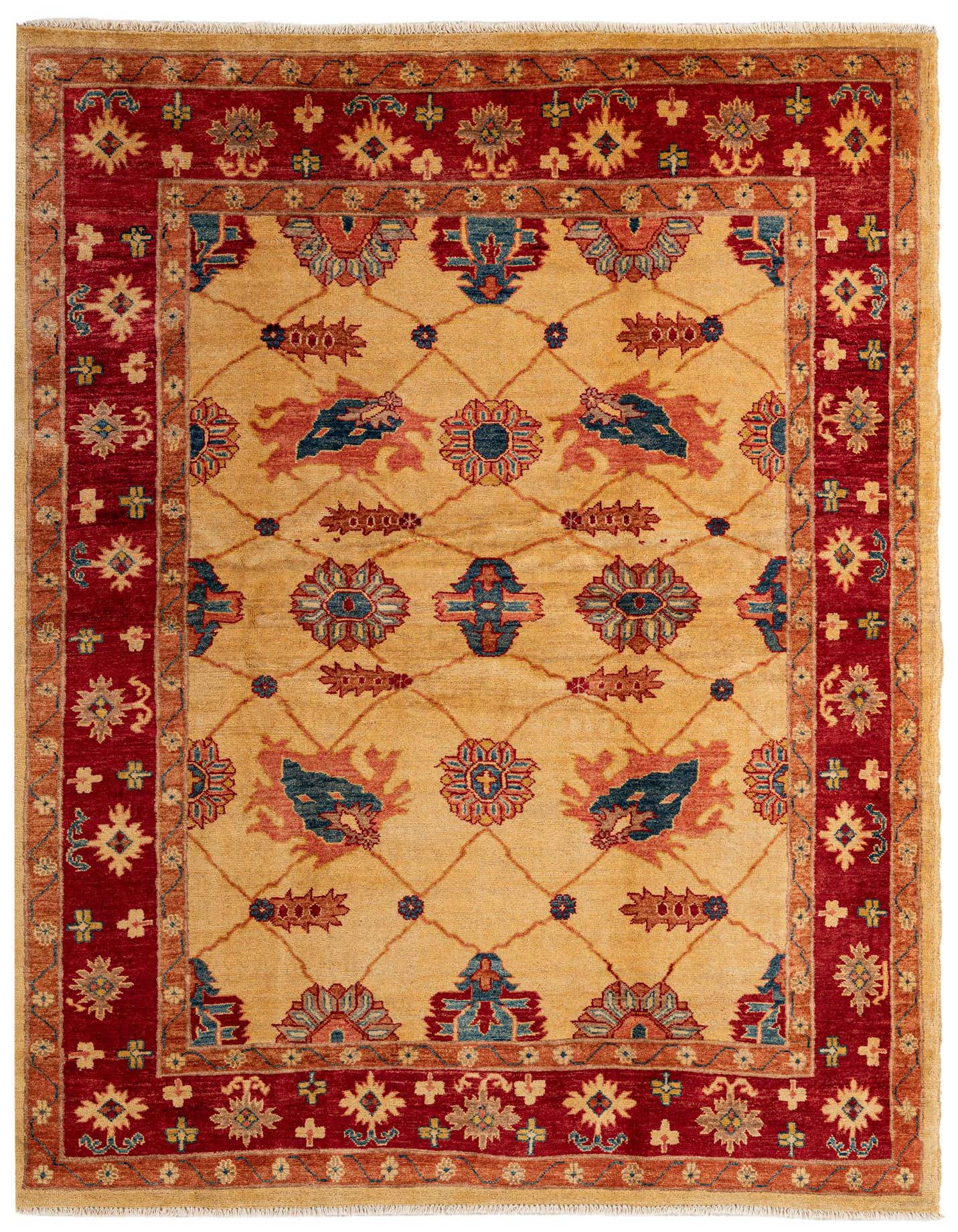 A 5x7 rectangular Ziegler rug with an ivory field and a red border, featuring intricate floral and oriental patterns.
