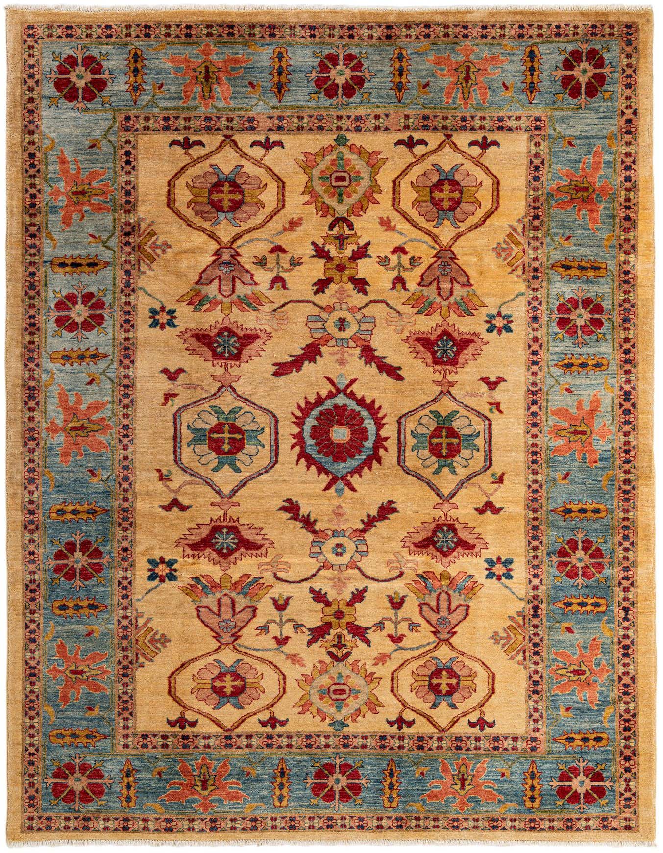 A 6x9 rectangular ivory Oriental rug with a detailed floral pattern and a light blue border.