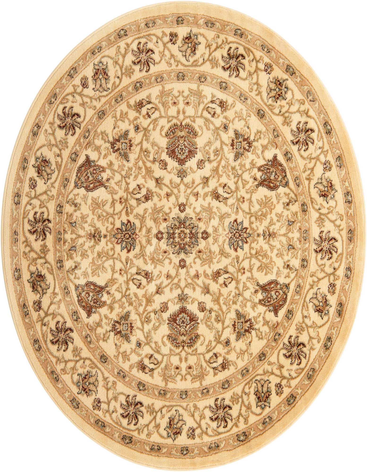 A 6' 0 round ivory traditional rug with an intricate botanical and floral pattern in shades of cream, brown, and blue.