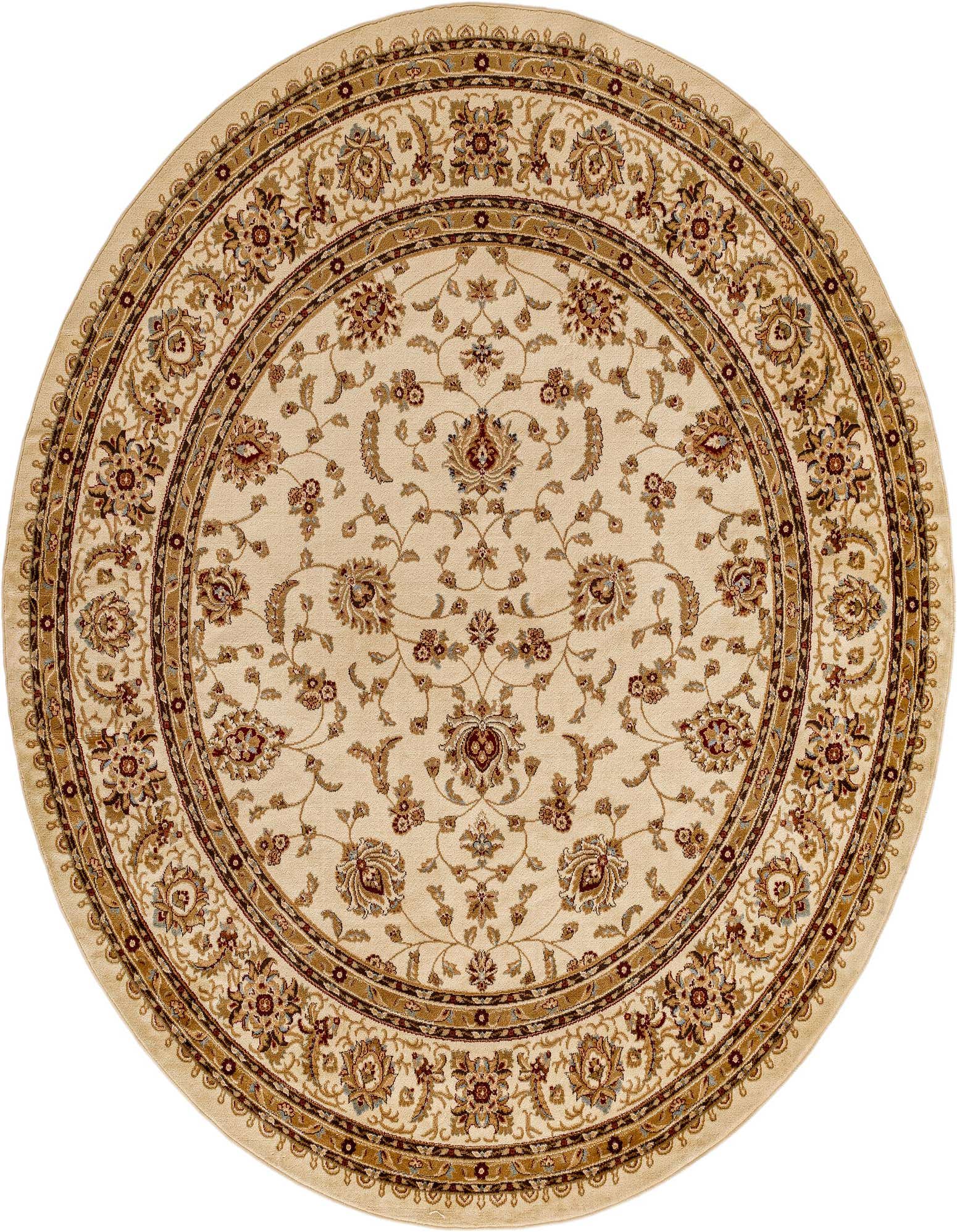 A 10-foot round ivory rug with a traditional oriental floral pattern in shades of cream, gold, and burgundy.
