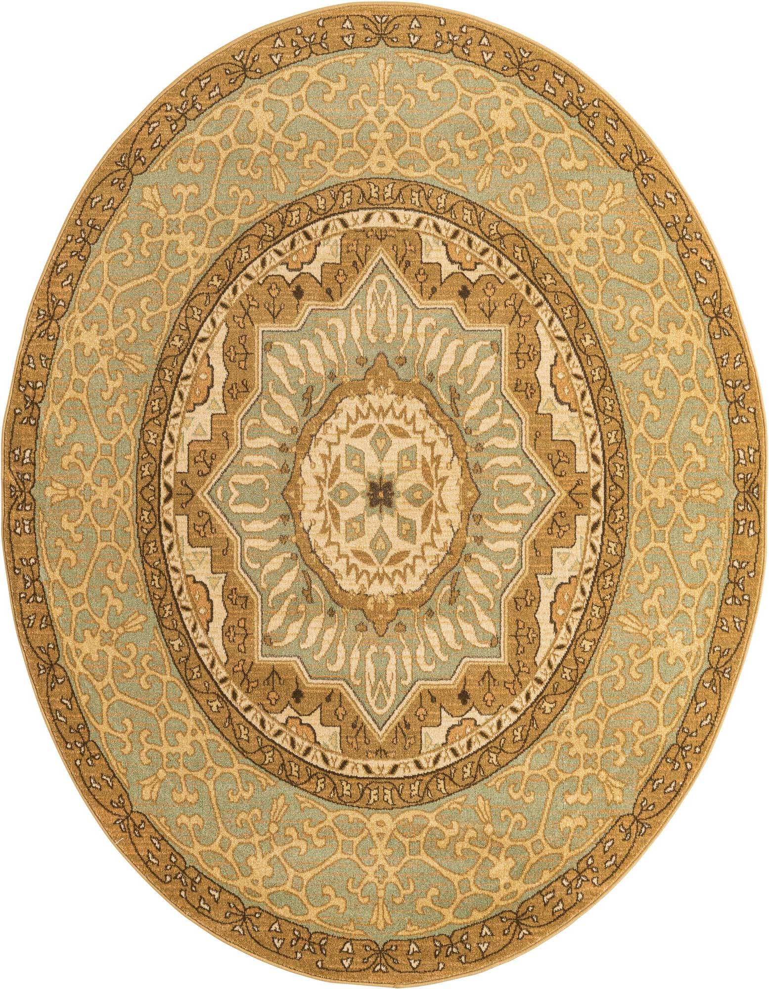 A round 6' ivory and gold traditional rug with a central medallion and botanical patterns.