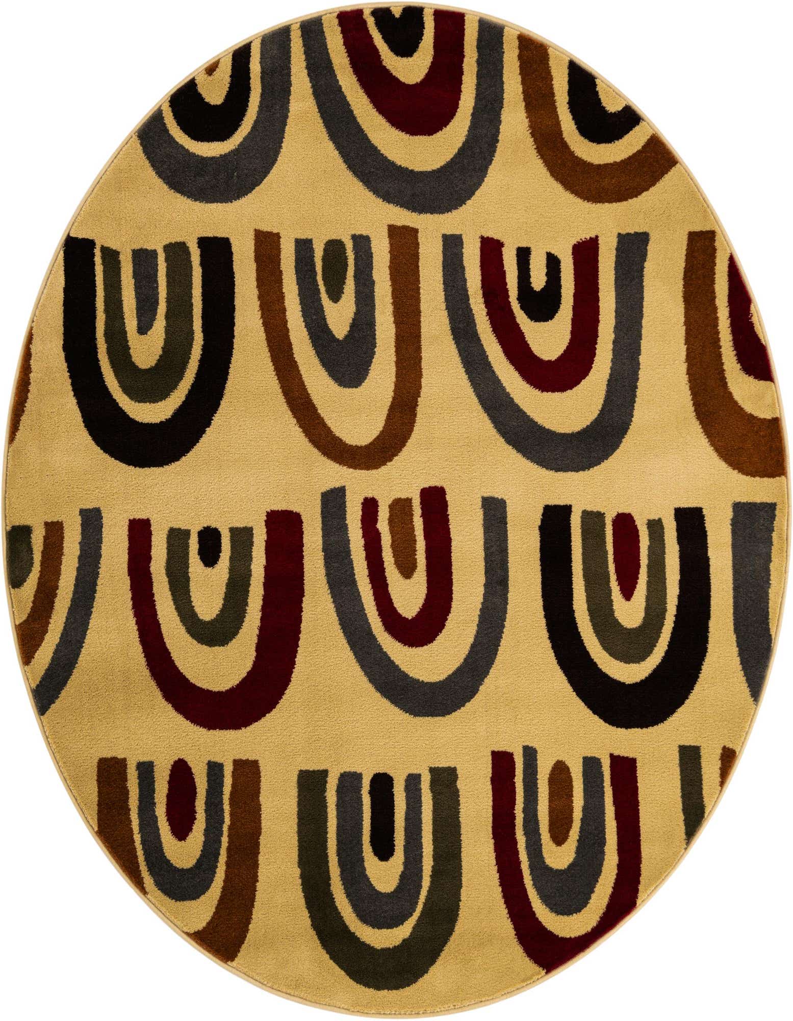 A round ivory rug with a modern pattern of repeating U-shaped arches in shades of black, gray, brown, and burgundy.