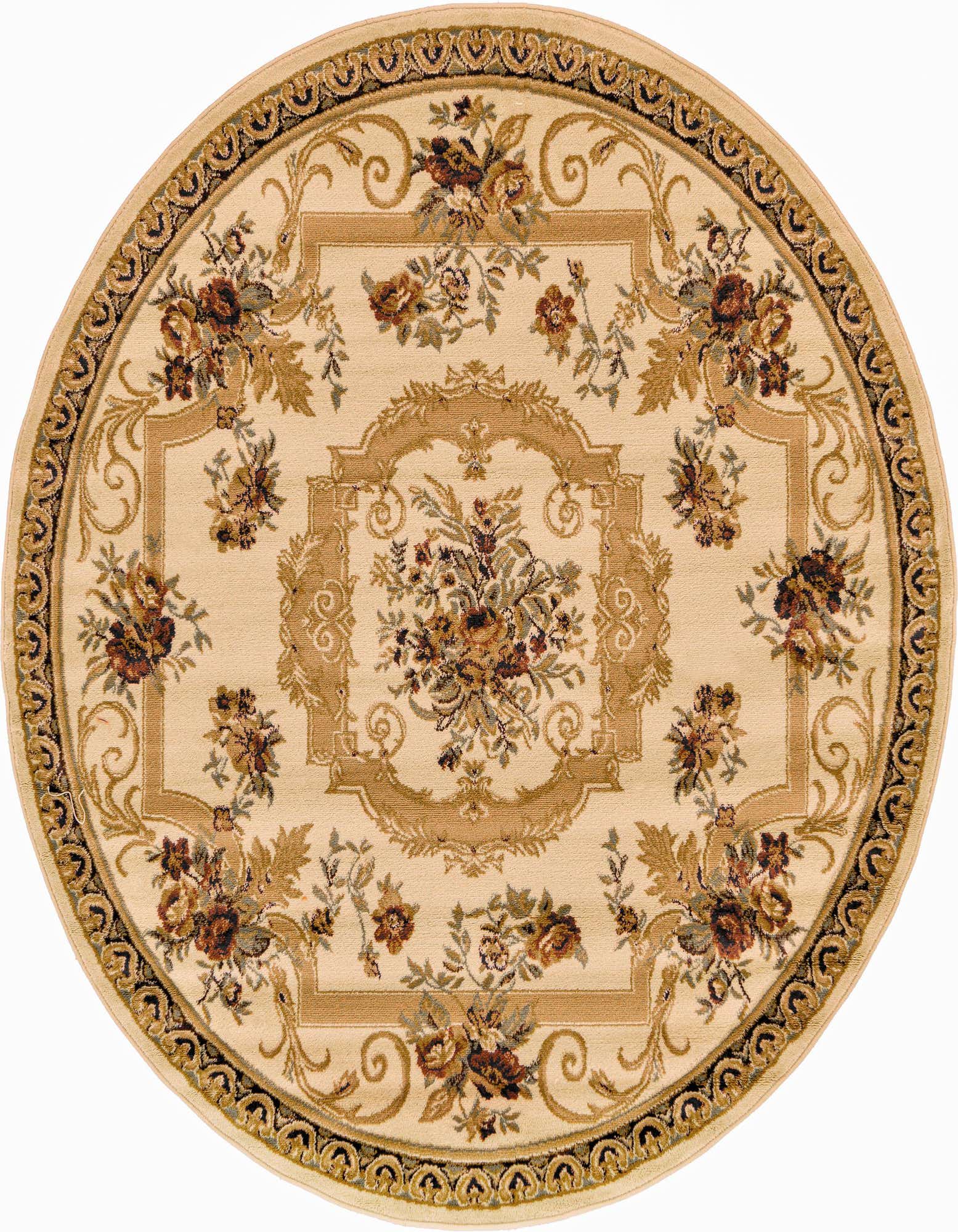 A 6' 0 x 6' 0 round ivory traditional rug with a central floral medallion and a decorative border.
