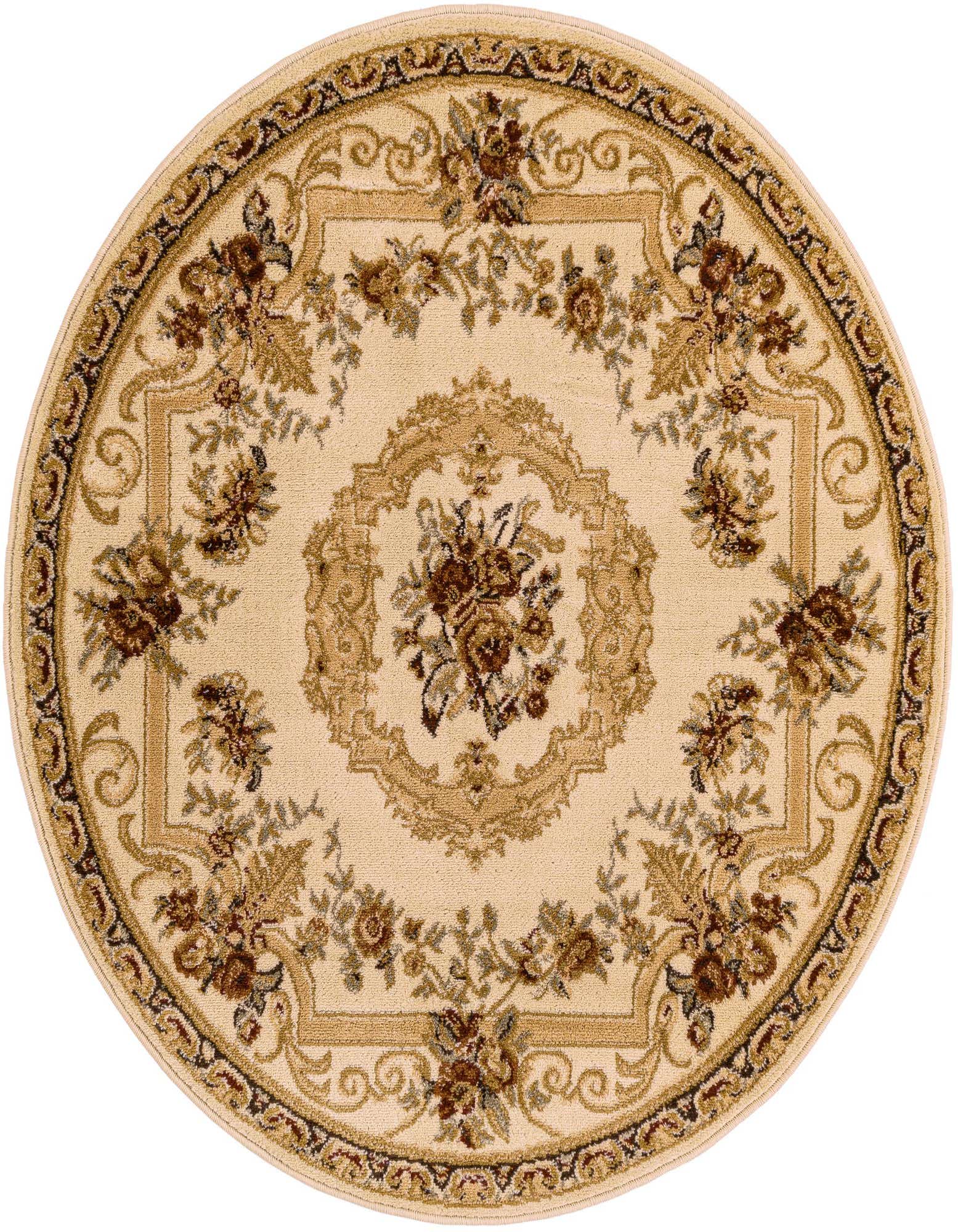 Rugs.com Chateau 4' round rug featuring a traditional medallion pattern in ivories, creams, and brown floral accents.