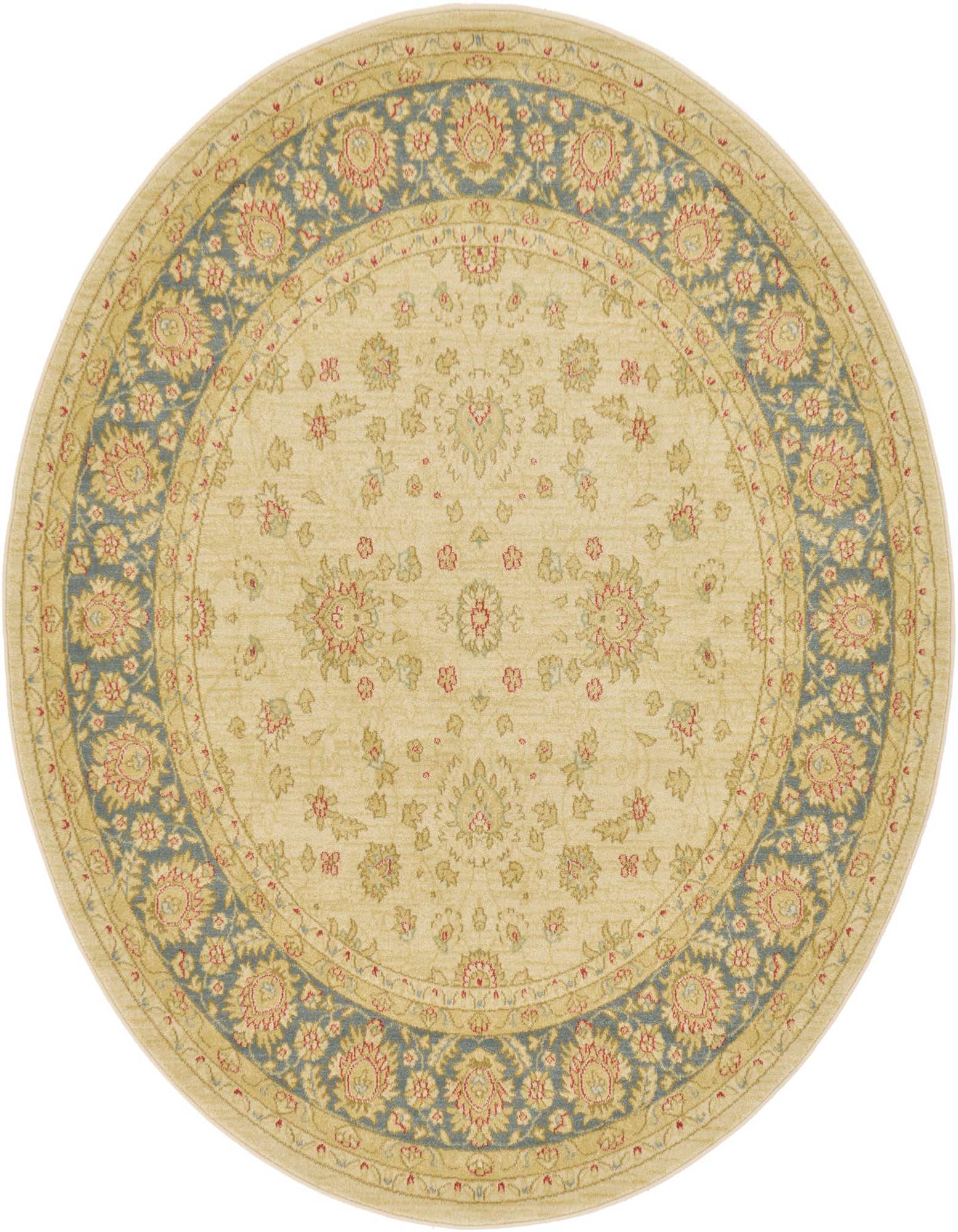 A 6' 0 x 6' 0 round ivory traditional rug with a blue and red floral border and central medallion.