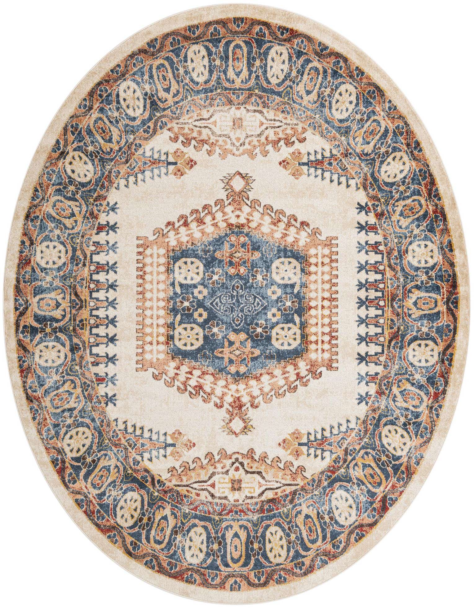 Round ivory area rug with a central medallion and intricate tribal patterns in blue, rust, and gold.