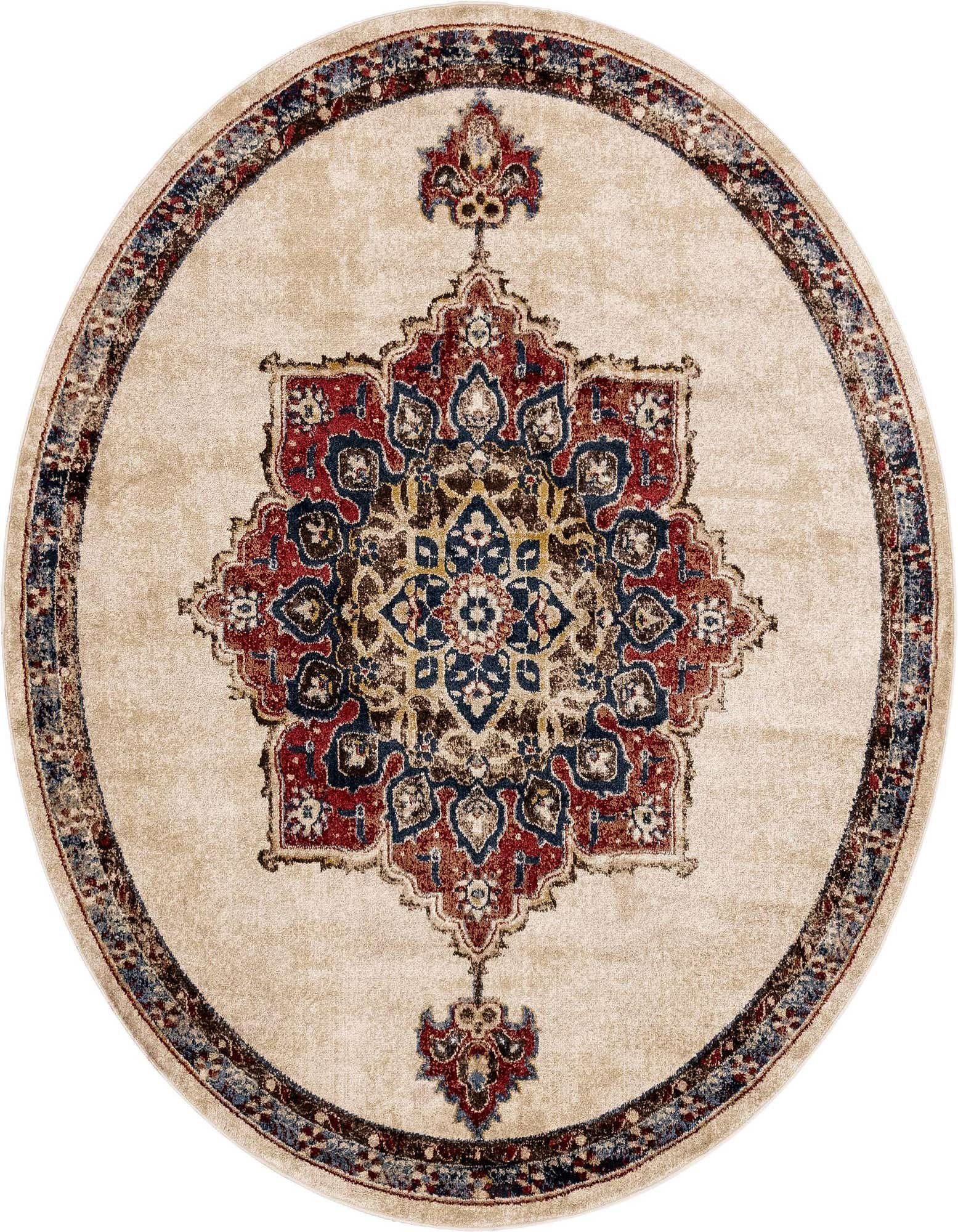 A 7' round ivory rug with a central medallion in red, blue, and brown, surrounded by a matching border.