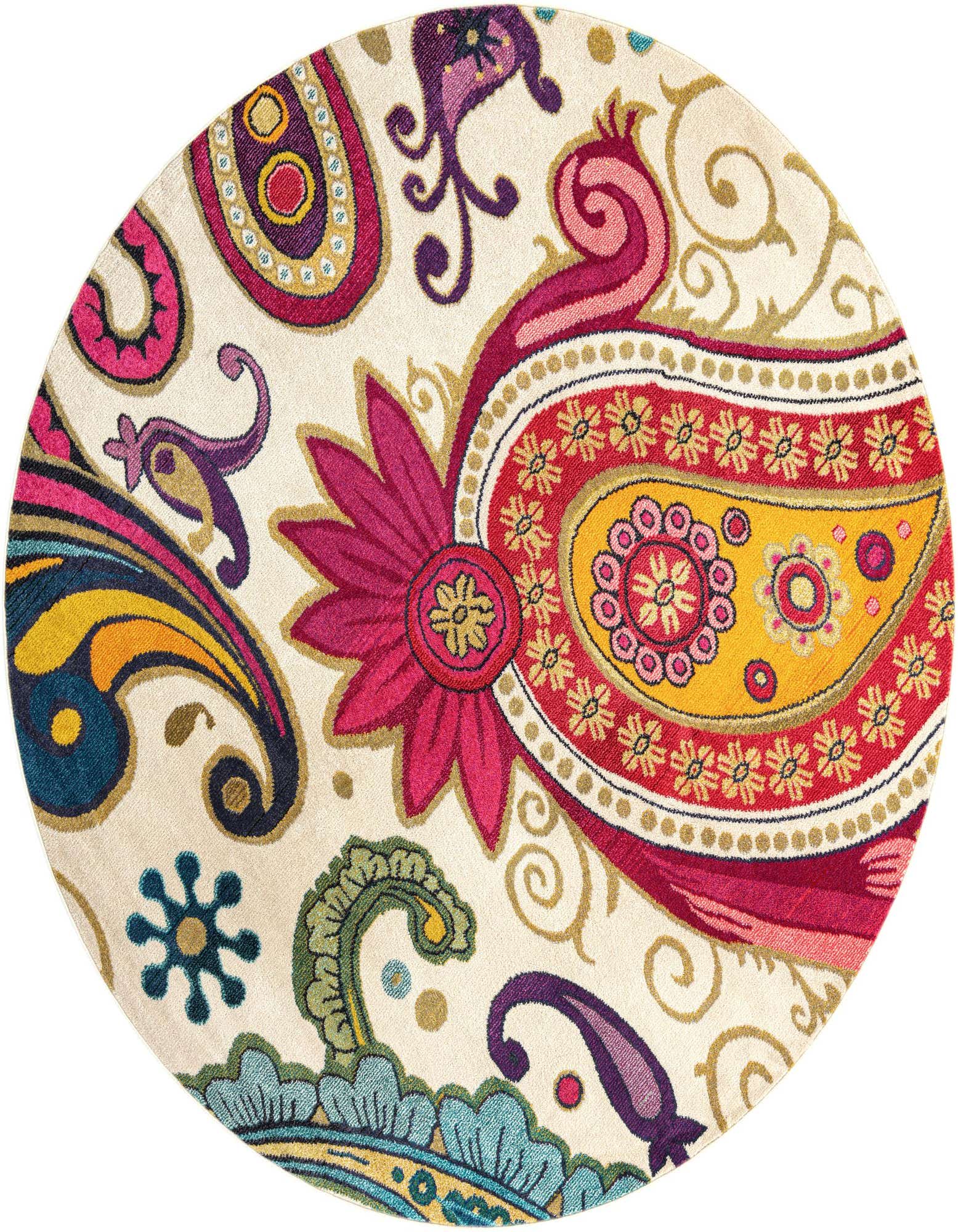 A round 8' ivory rug with a vibrant, oversized botanical and paisley pattern in fuchsia, gold, teal, and purple.