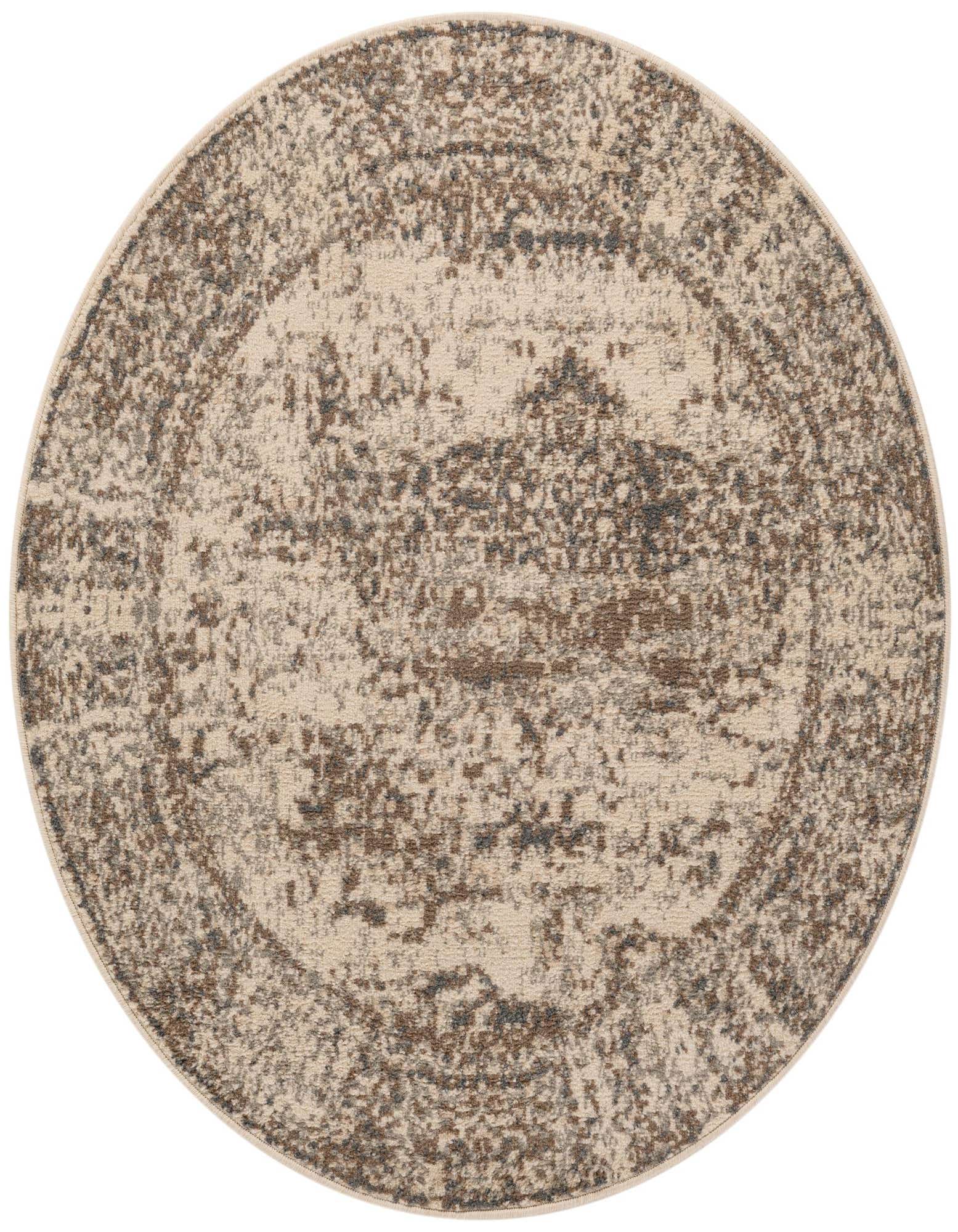 A 4' round ivory and cream rug with a distressed vintage pattern, made from polypropylene.