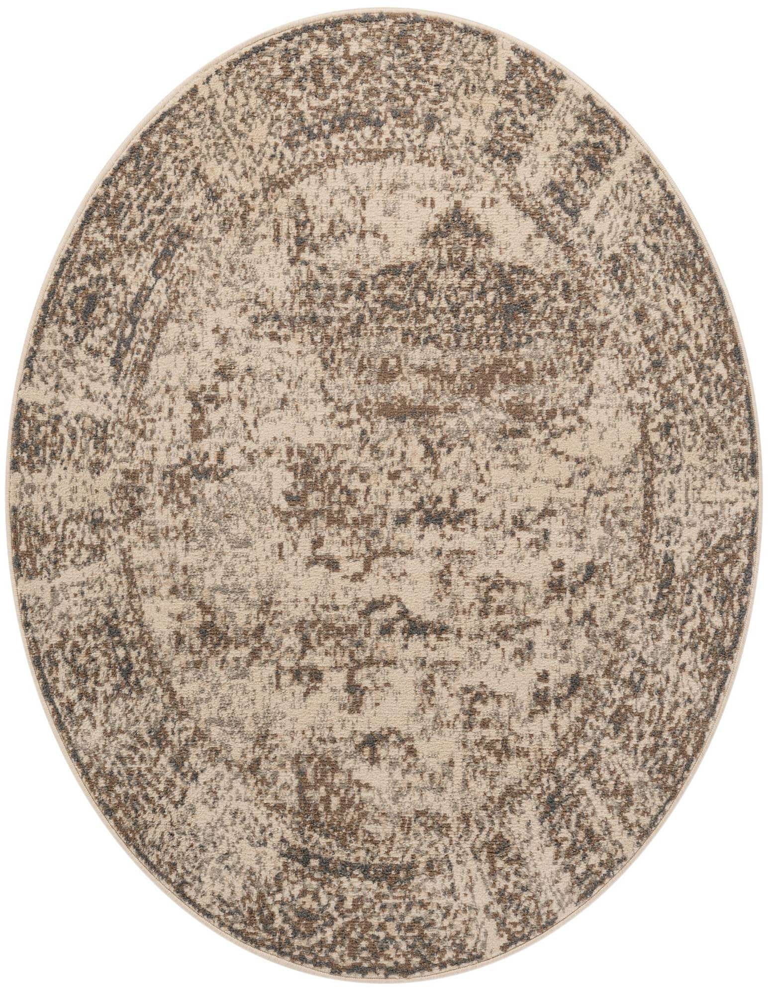 A 5' round ivory and brown vintage-style rug with an abstract, distressed pattern, suitable for indoor use.