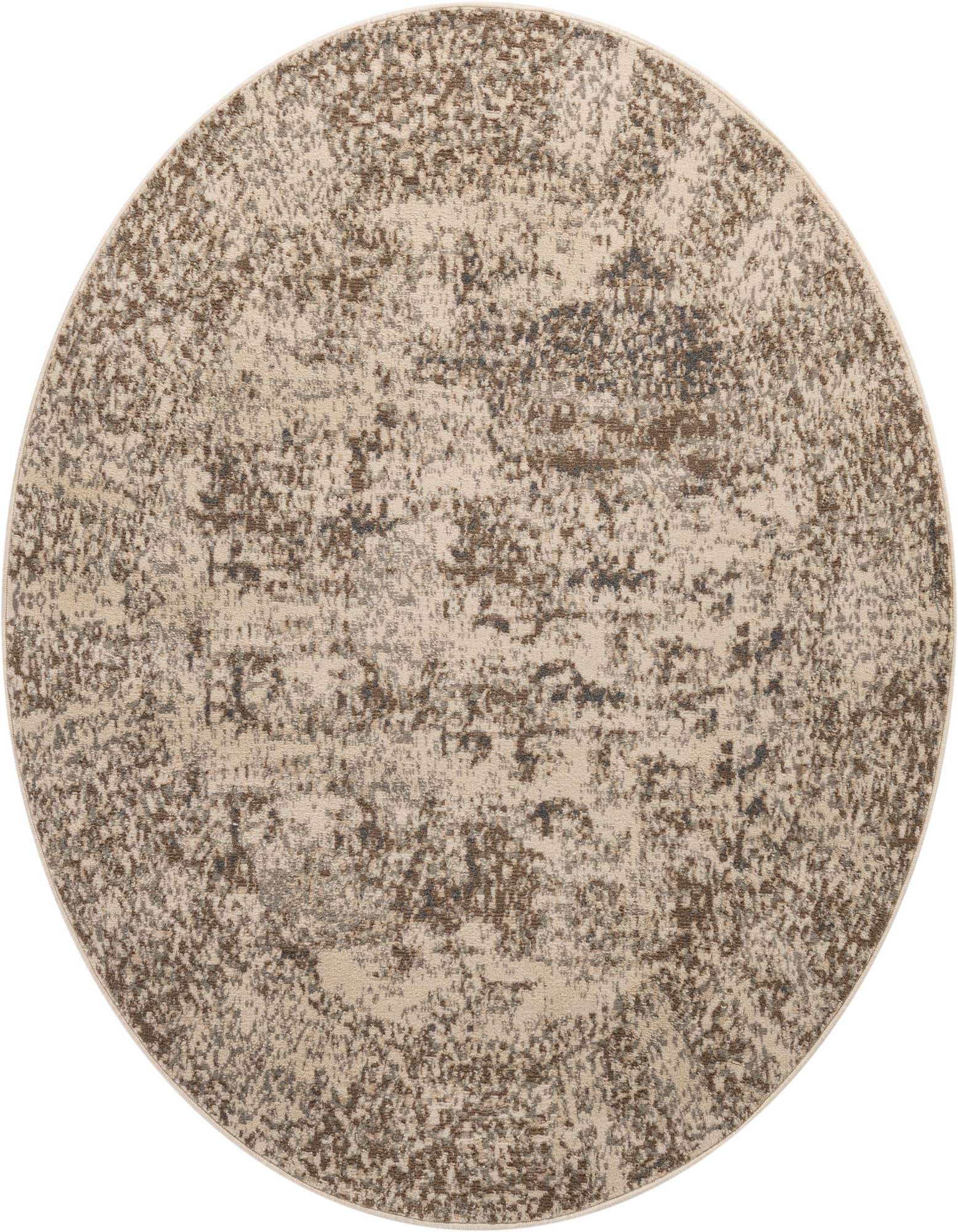 A round ivory and cream rug with a distressed vintage pattern in shades of brown and gray, perfect for an indoor living space.