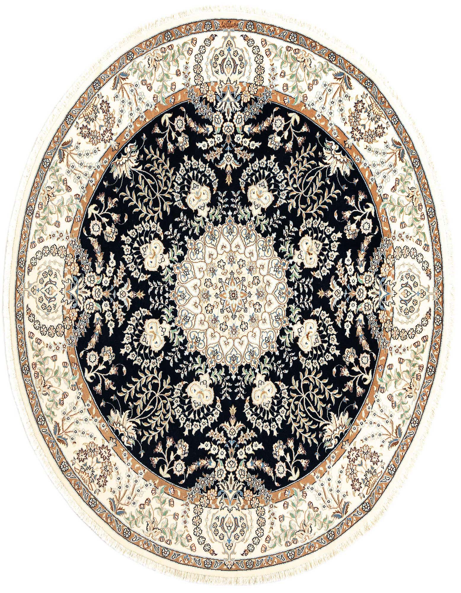 A round, handmade Persian rug with a black center medallion and intricate ivory, cream, and brown floral patterns.