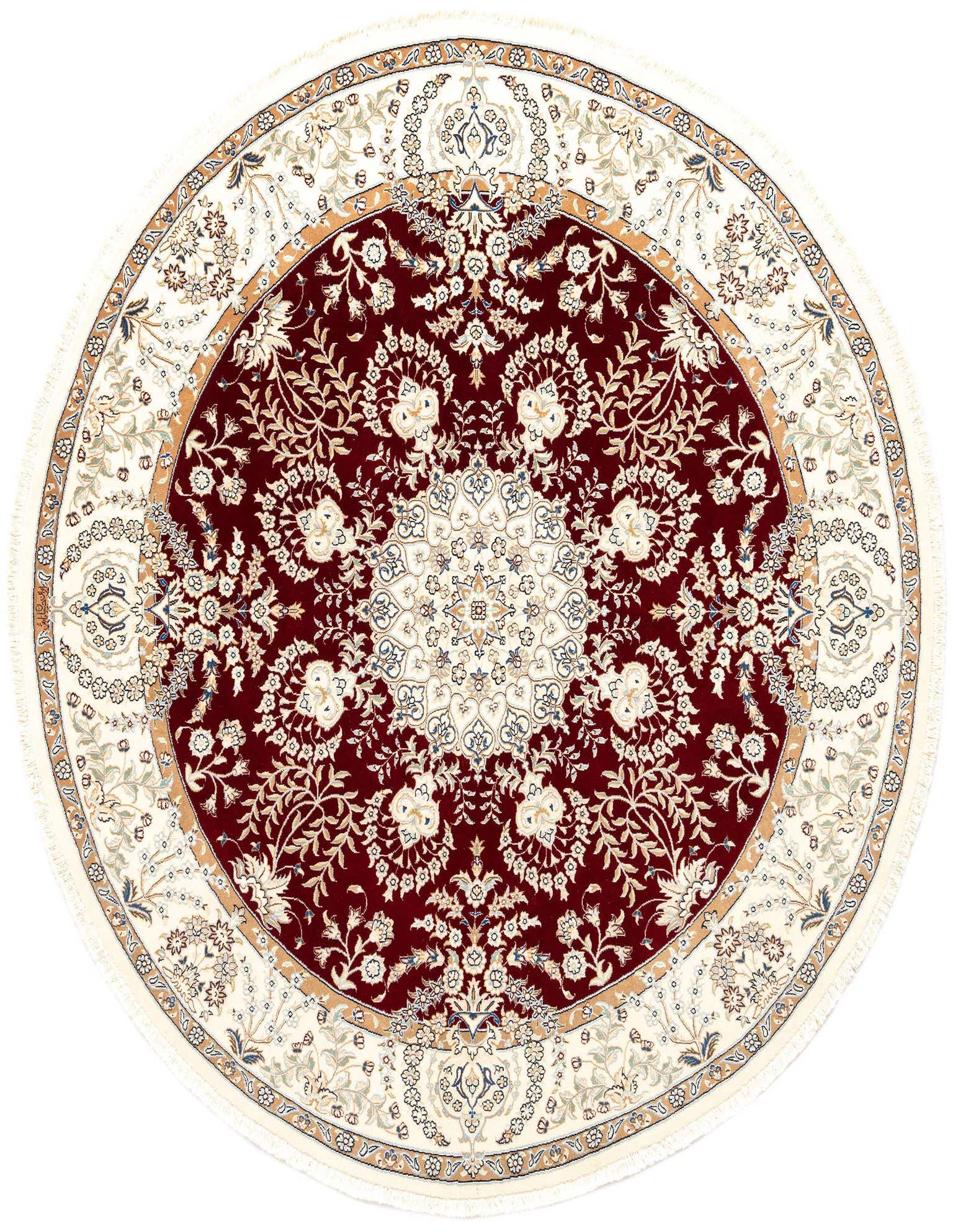 A round Persian rug, 6' 7 x 6' 7, featuring a rich ivory and cream medallion pattern on a deep red field, with fringed edges.