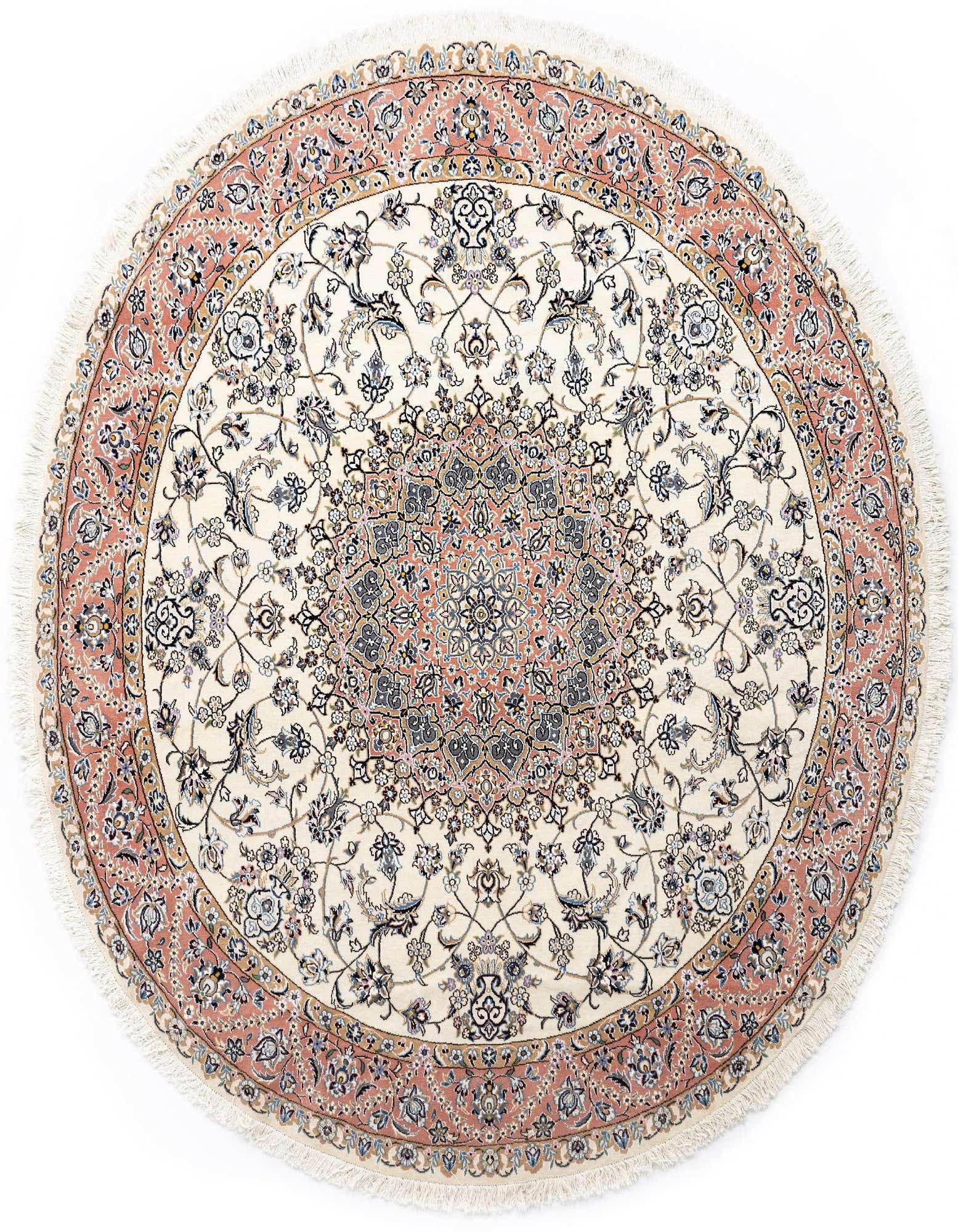 A round 8' 2 x 8' 3 ivory Persian rug with a detailed floral medallion and a blush pink border.
