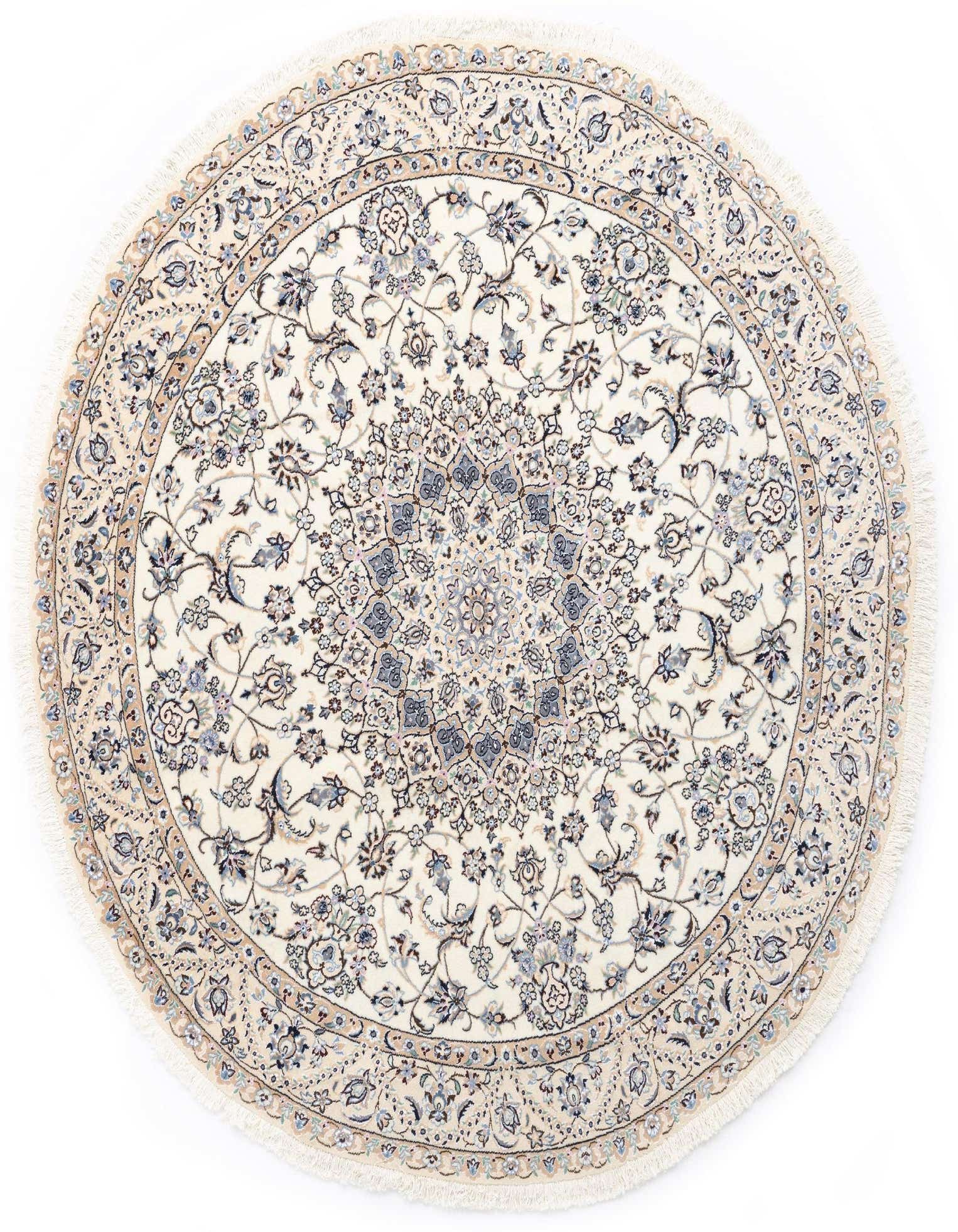 A round ivory Persian rug with intricate blue and cream floral patterns, featuring a central medallion and fringe.