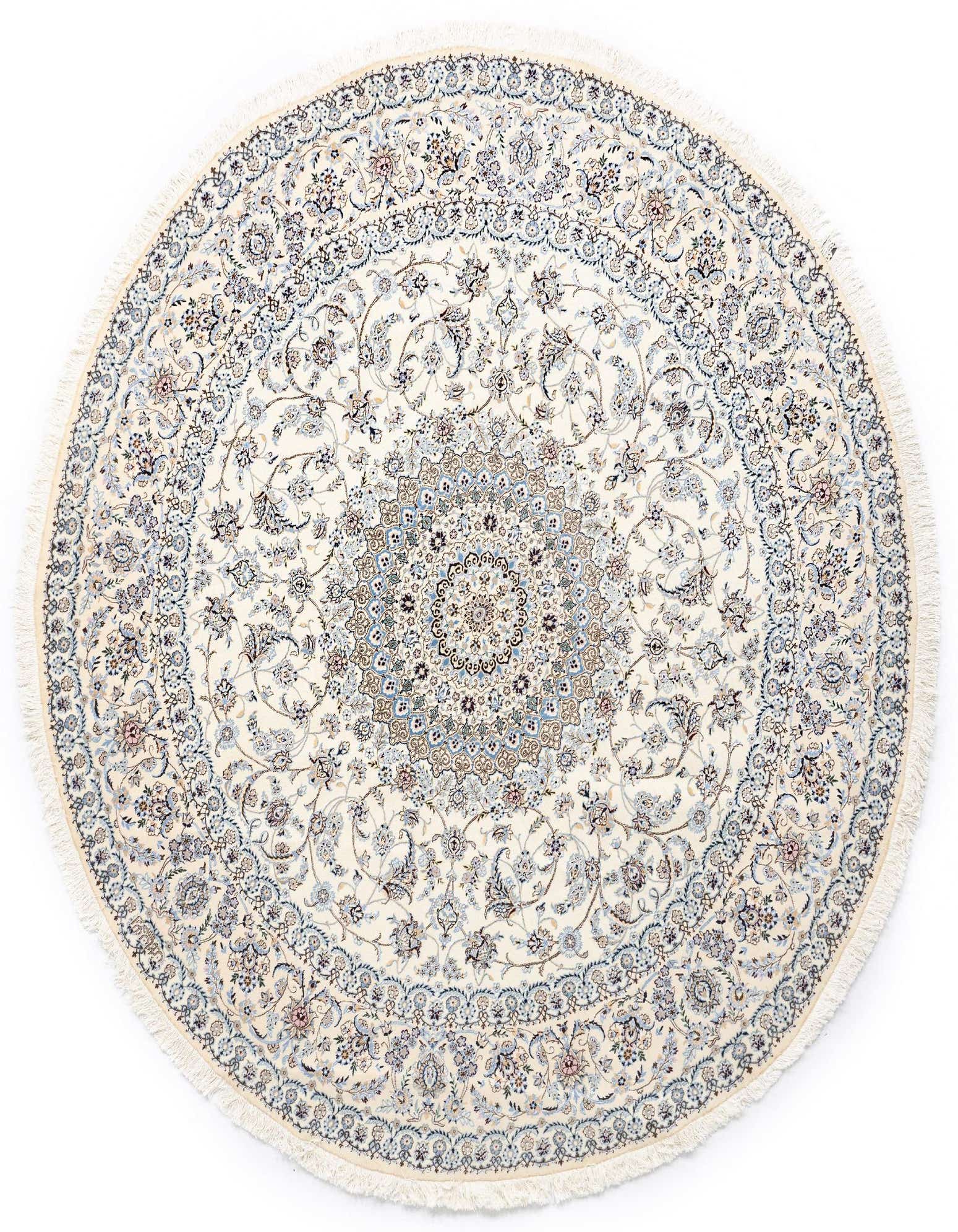 A round 8' 1" ivory Persian rug with intricate blue and brown floral patterns and fringe.