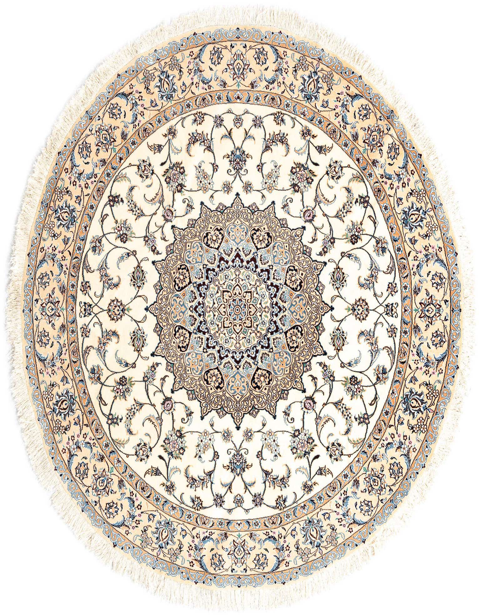 A round 7' 6 x 7' 6 ivory Persian rug with intricate floral patterns and a central medallion, featuring blue and cream accents.