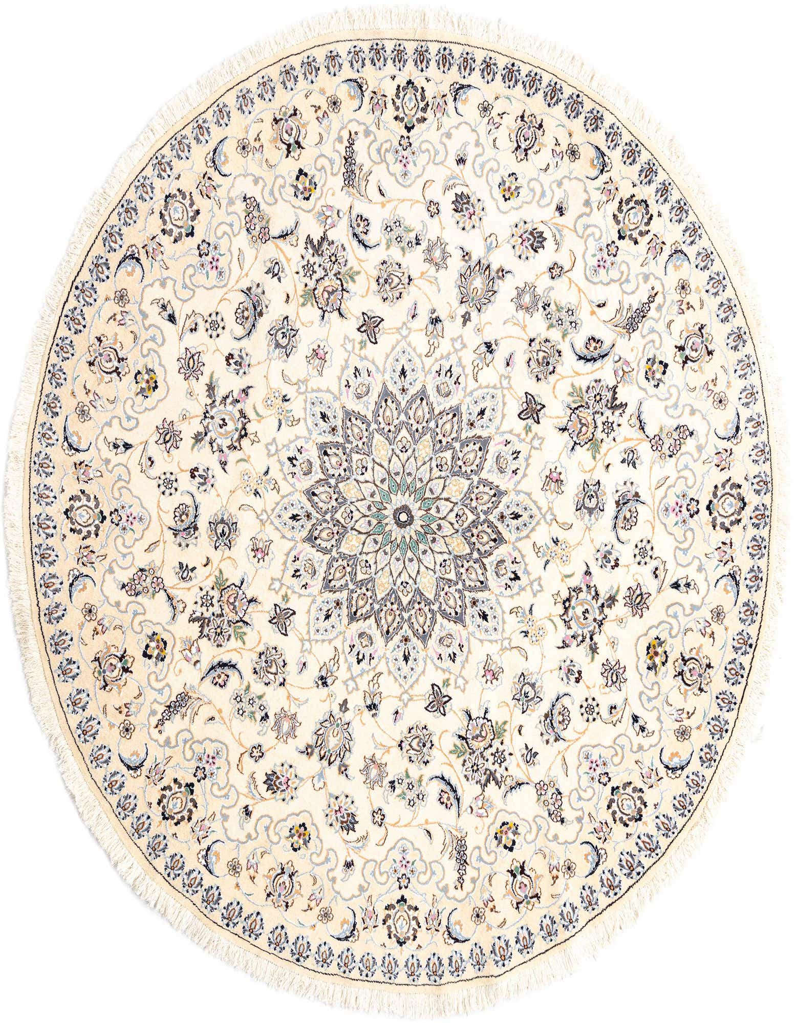 A round 6' 11 x 7' 0 ivory Persian rug with an intricate floral medallion pattern and fringed edges.