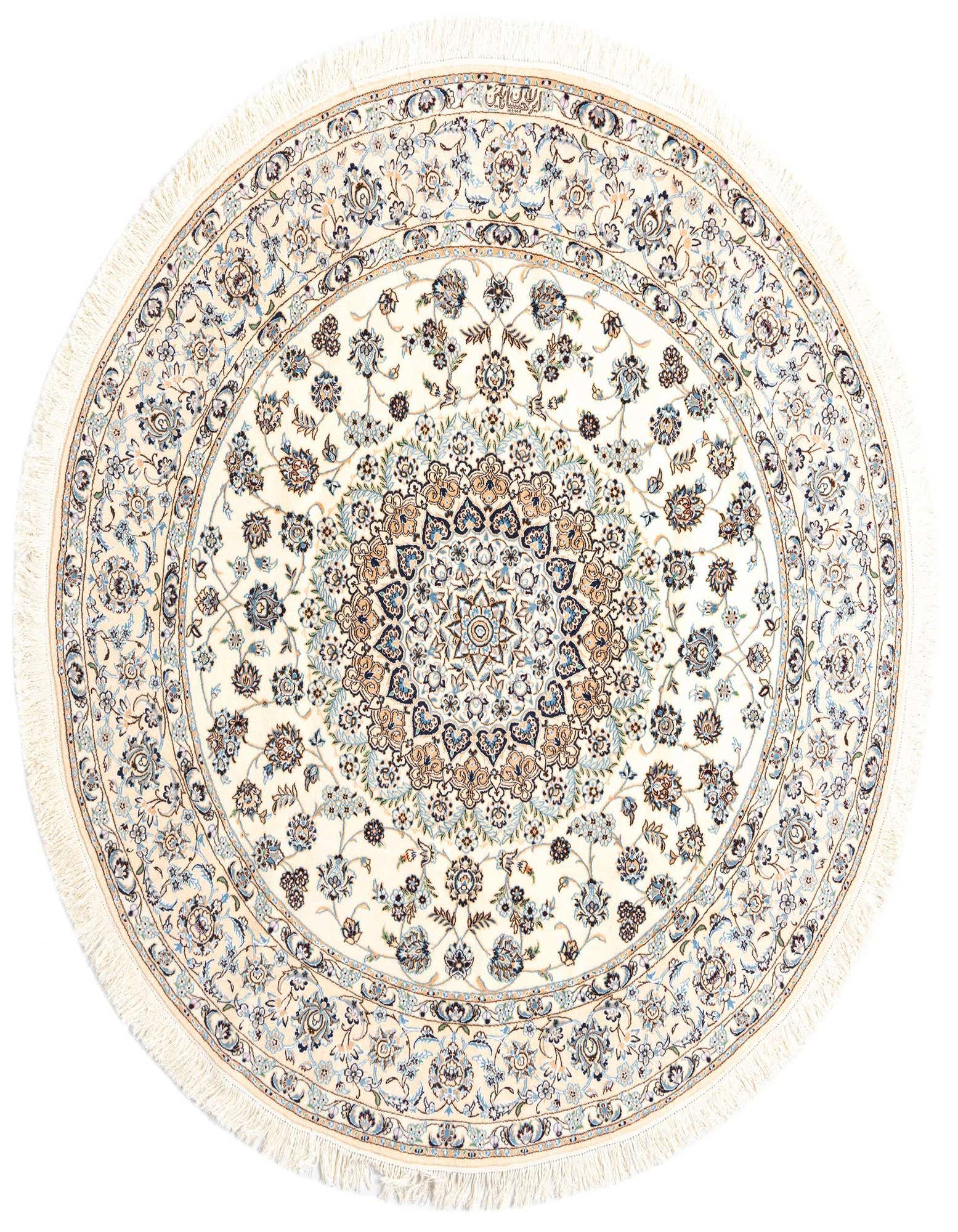 A round 6' 6 x 6' 7 ivory Persian rug with intricate blue and brown floral patterns and fringe.