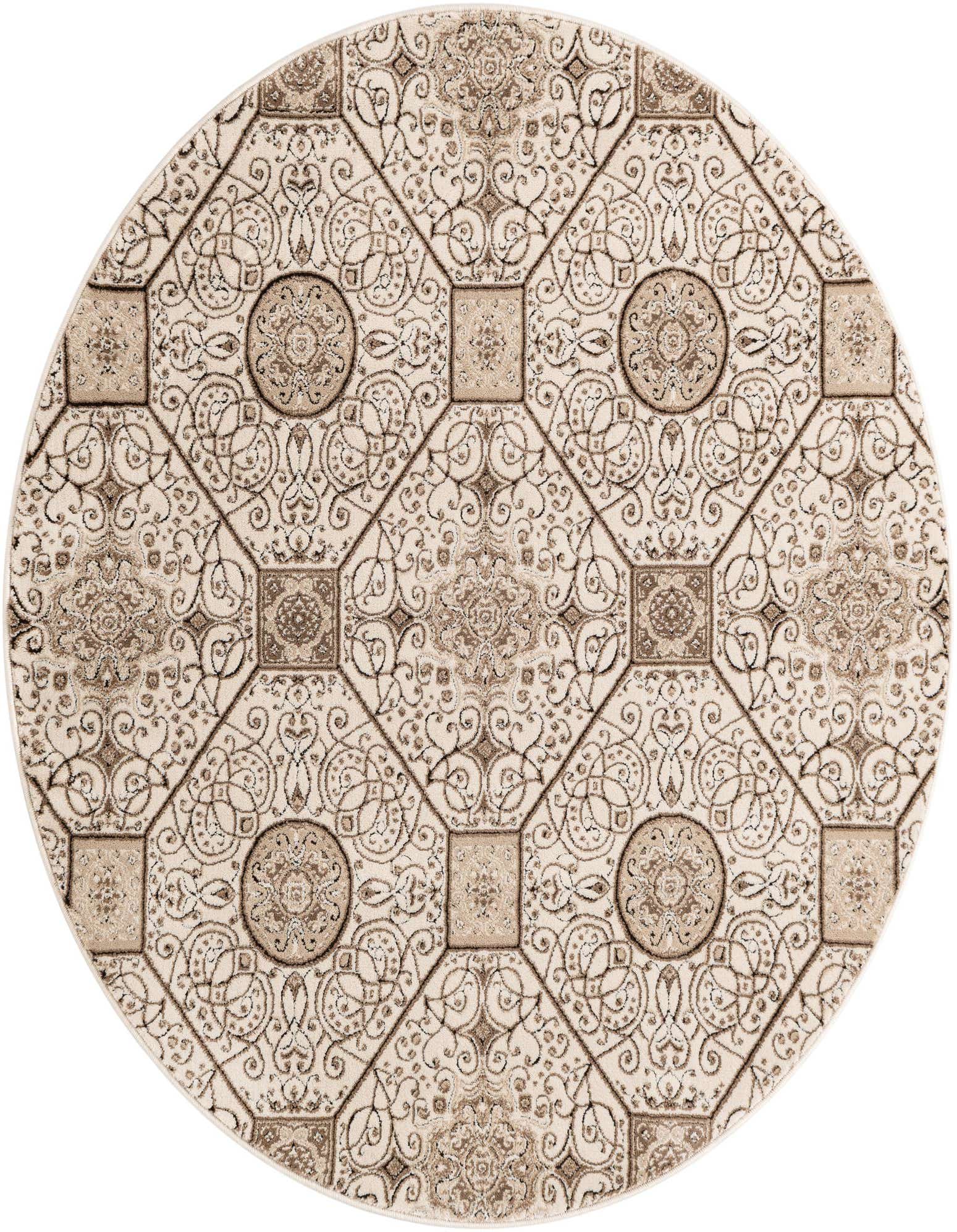 A 5' 0 round ivory and cream rug with a traditional botanical pattern featuring squares and circles, ideal for an indoor living space.