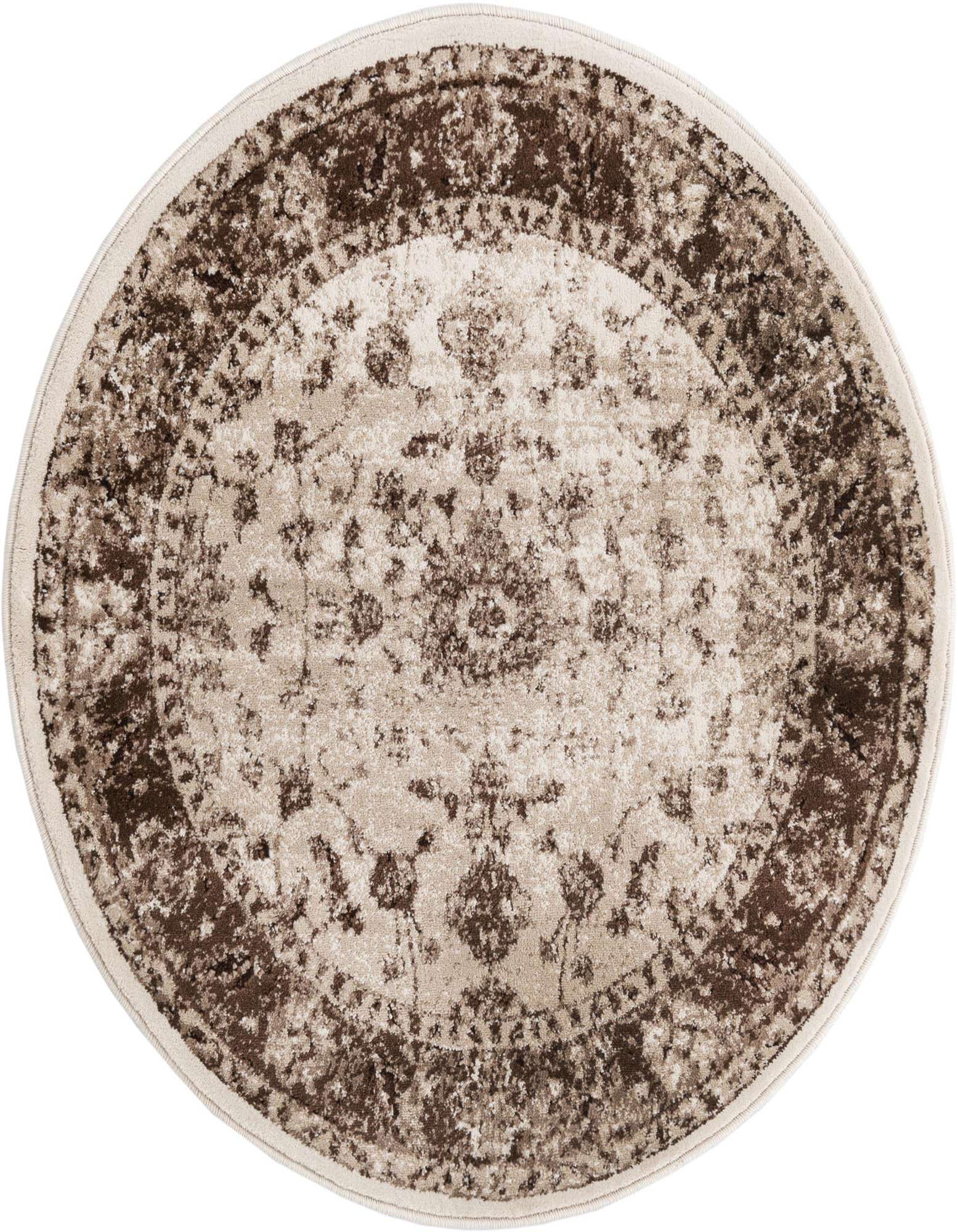 A 3' 3 x 3' 3 round ivory and brown traditional rug with a distressed floral pattern and a dark border.