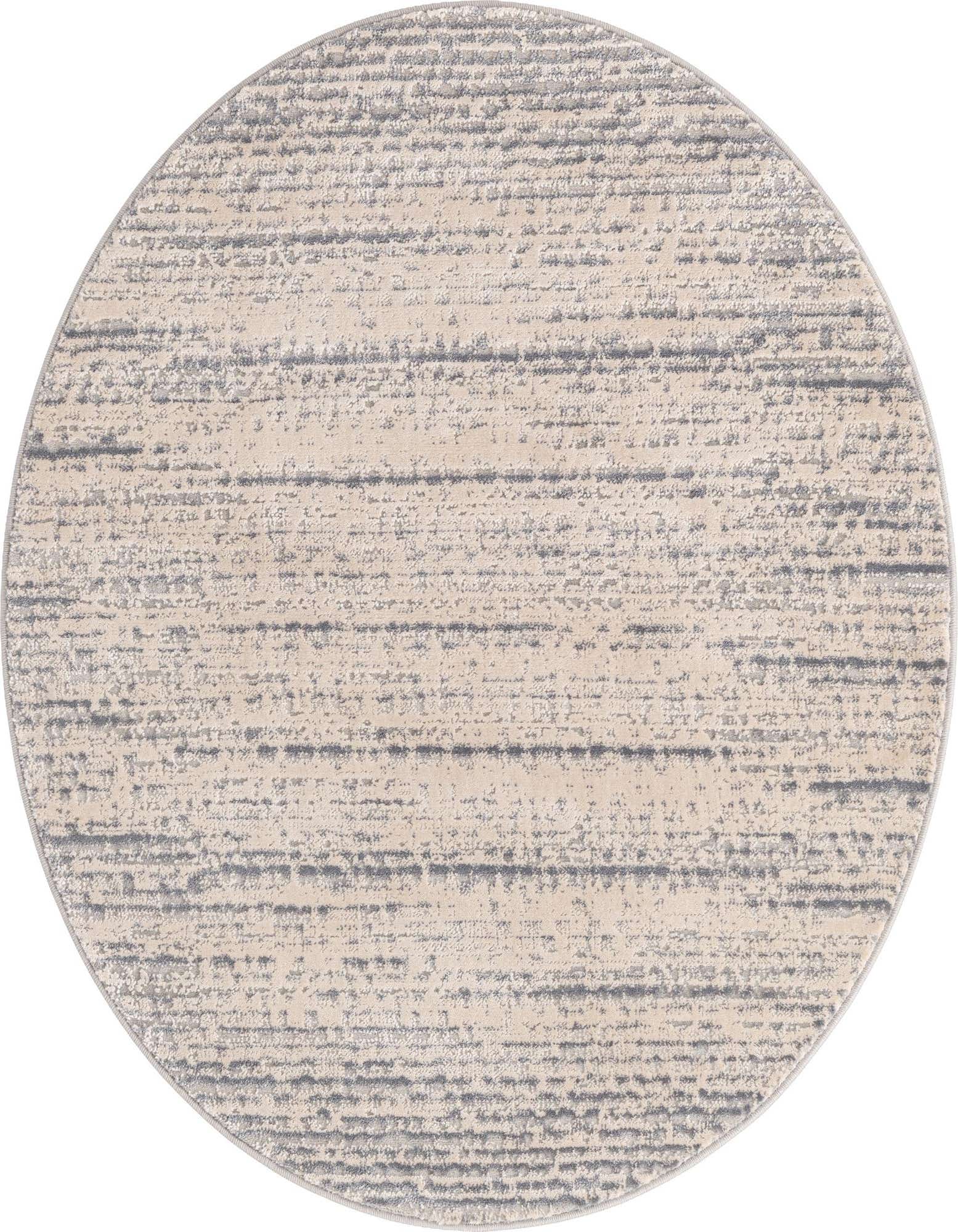 A 4' round ivory and cream rug with a modern, textured horizontal stripe pattern, ideal for indoor spaces.