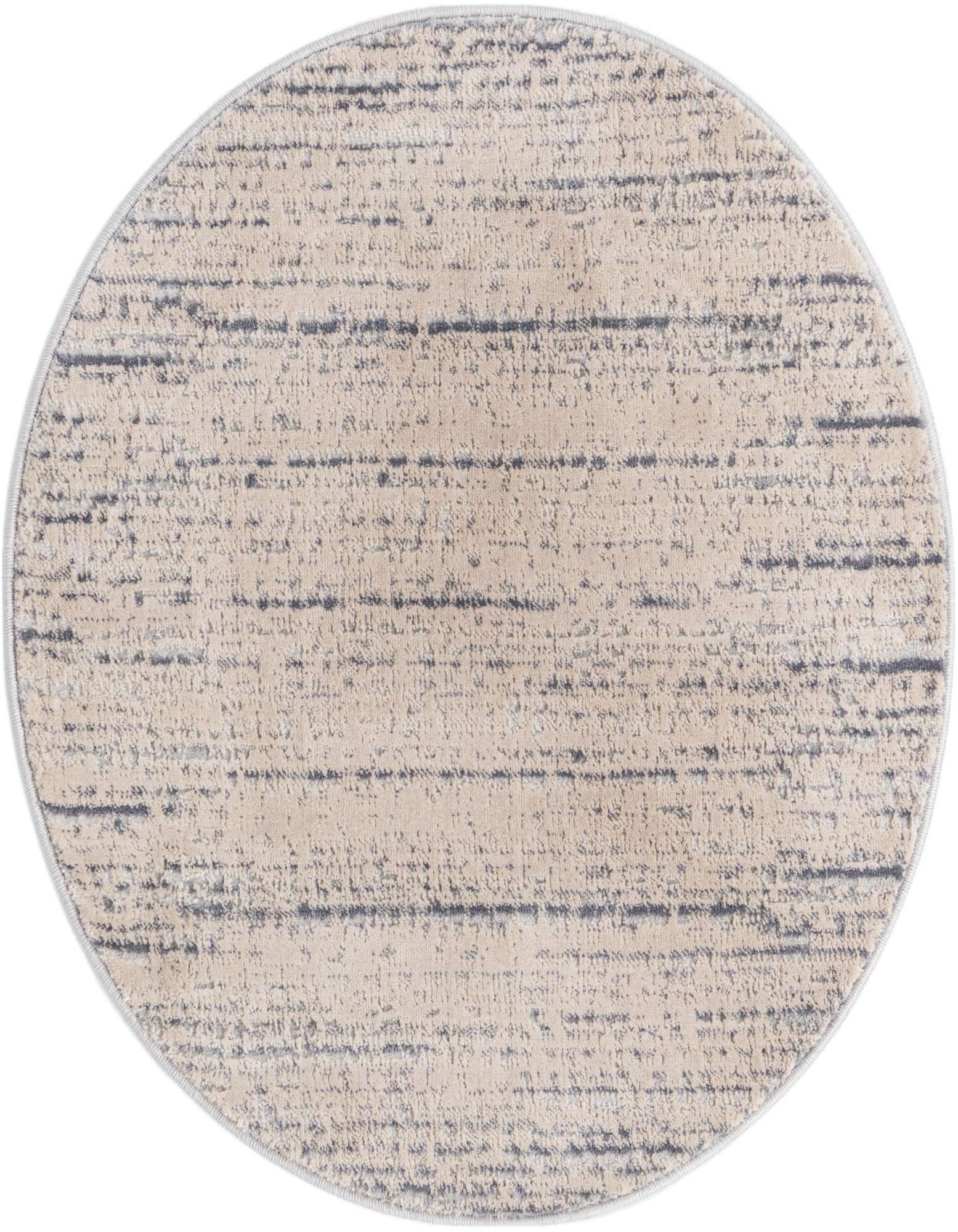 A 3' round ivory and cream rug with subtle gray textured stripes, perfect for a modern or coastal indoor space.