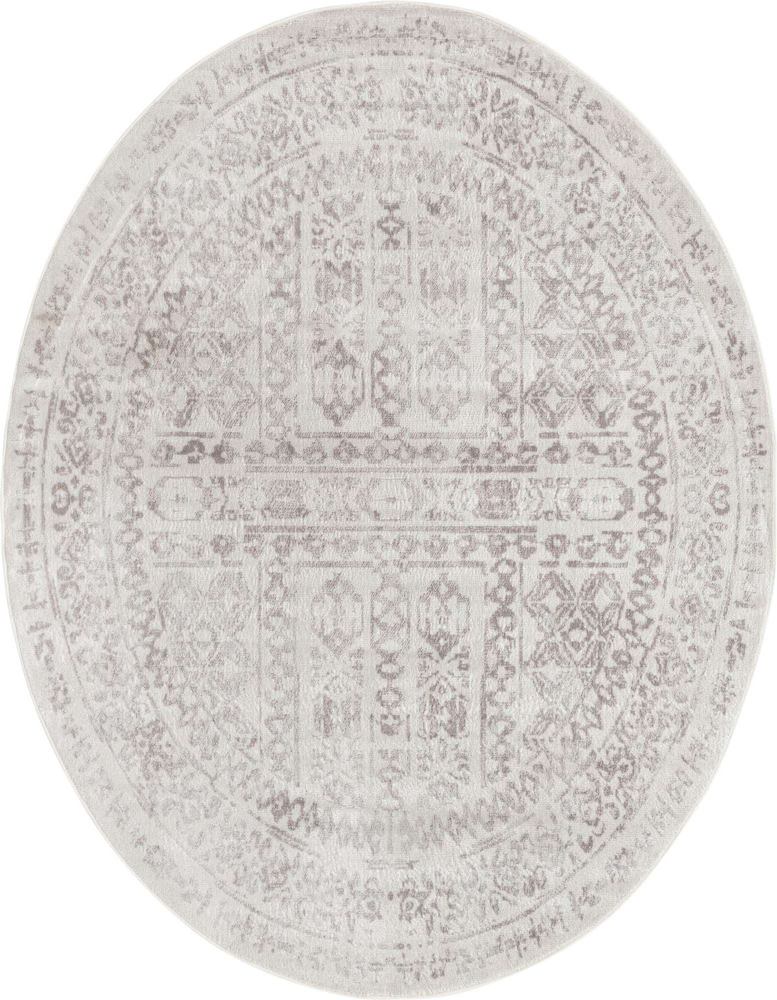 A 7' round ivory and cream rug with a distressed Bohemian medallion pattern, suitable for a living room.