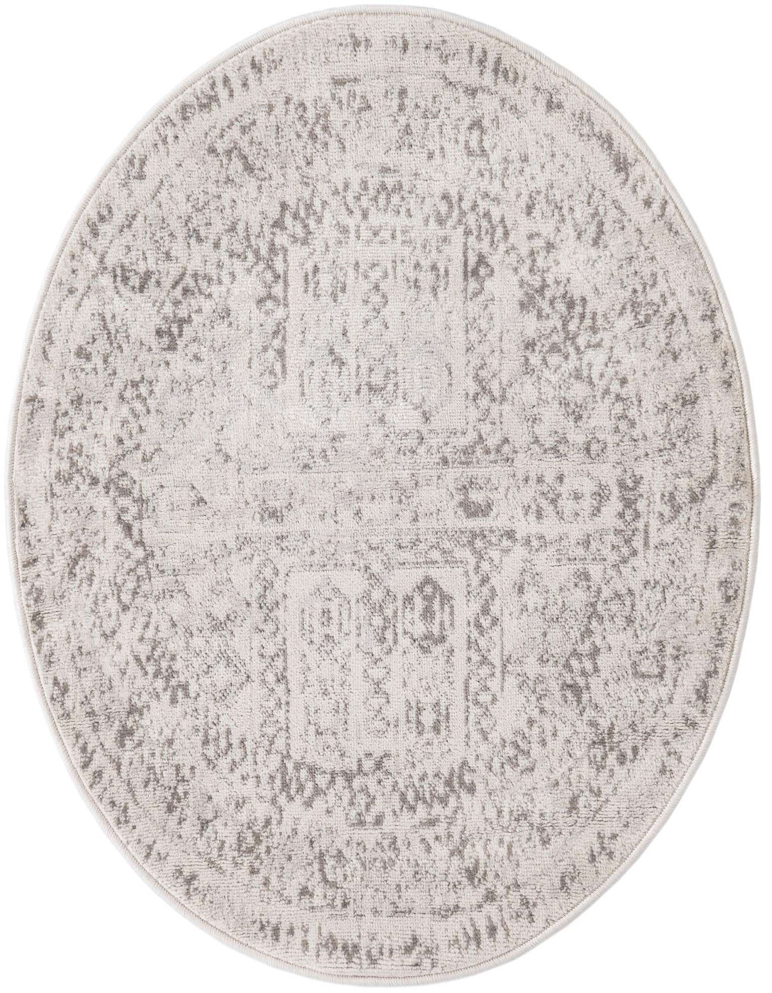 A 3' 0 x 3' 0 round ivory and cream rug with a distressed Bohemian and Traditional pattern.