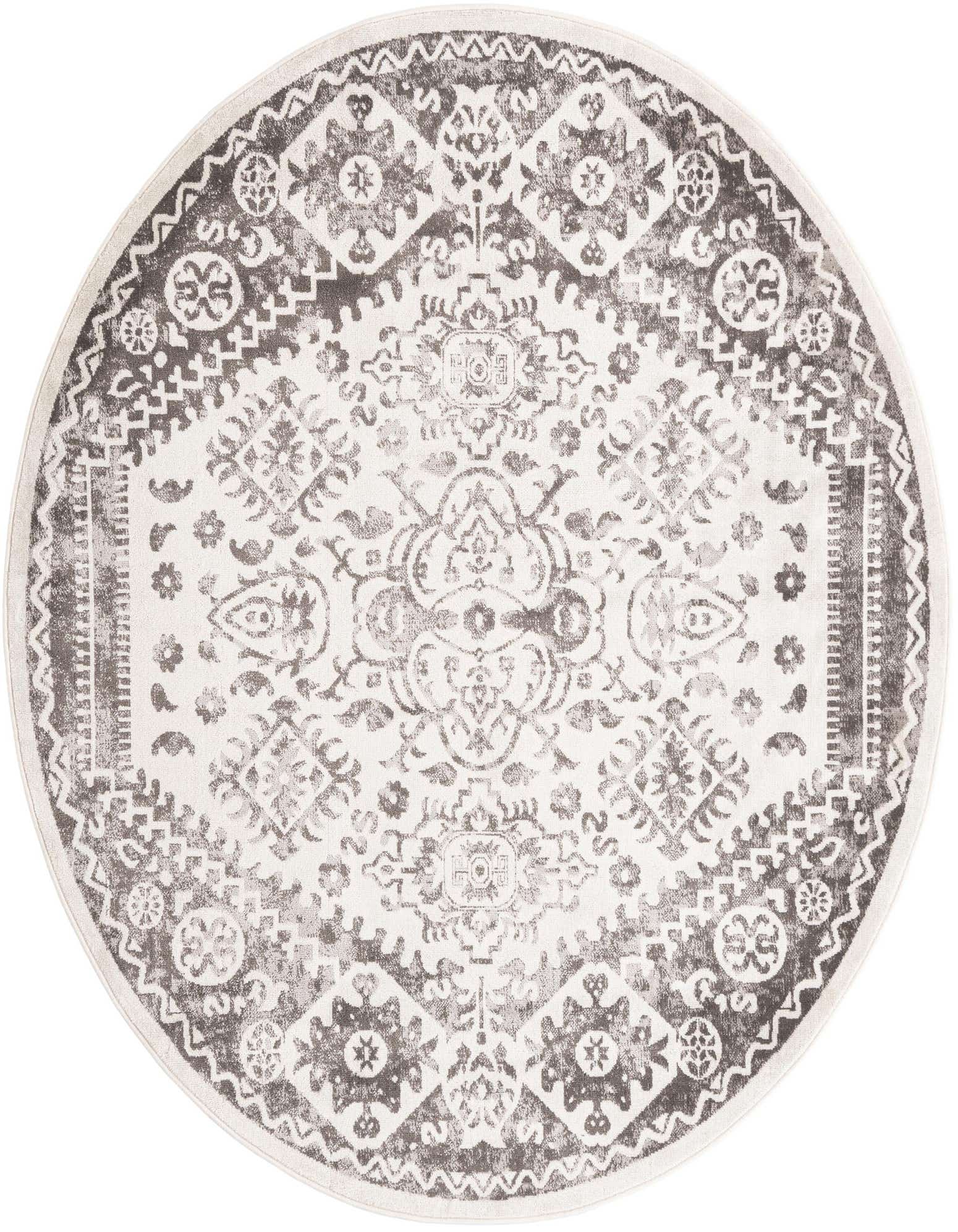 A 7' round ivory and gray Bohemian rug with a distressed medallion pattern and ornate border.
