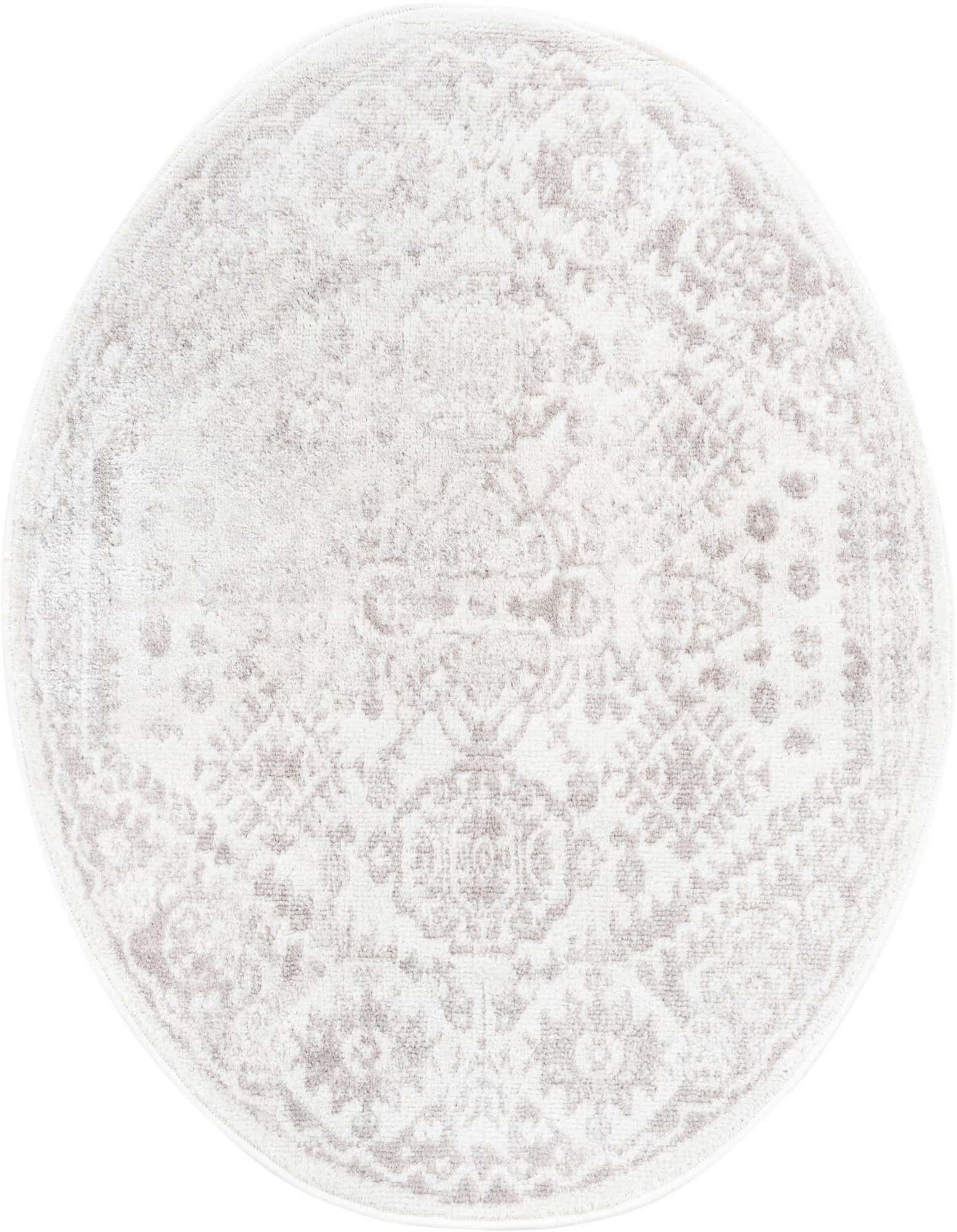 A 3' 0 x 3' 0 round ivory rug with a faded Bohemian medallion pattern, suitable for various indoor spaces.