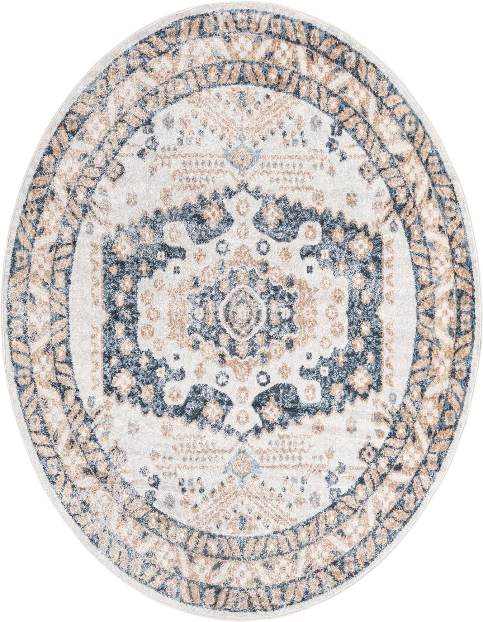 A 3' round ivory rug with a distressed Bohemian medallion pattern in shades of blue and tan, suitable for indoor spaces.