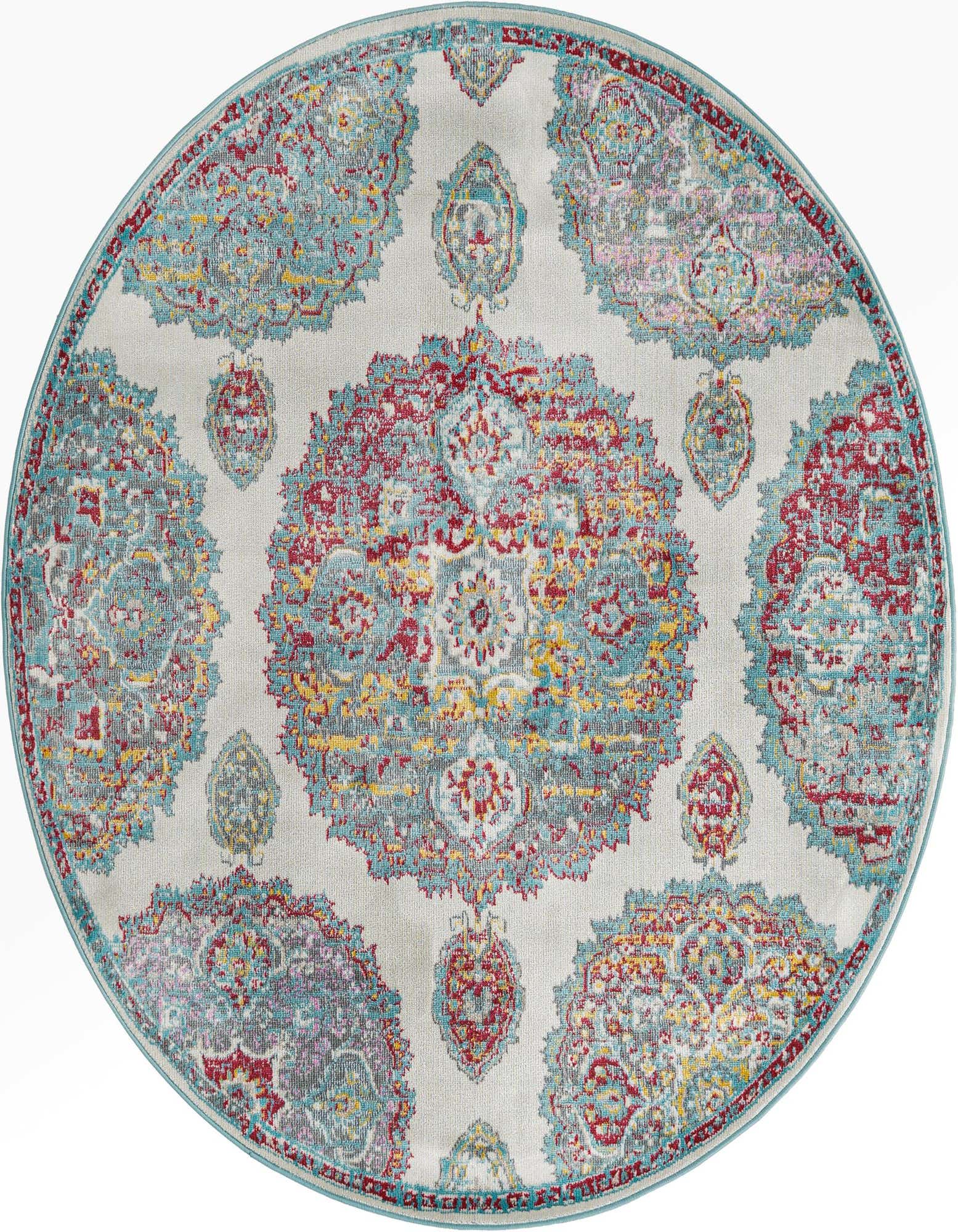 A 5' 5 x 5' 5 round ivory area rug with a vibrant Bohemian floral pattern in red, blue, and yellow.
