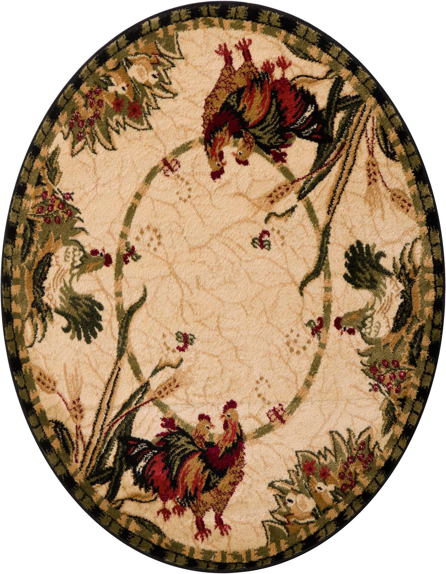 A round ivory rug featuring two roosters, green botanical elements, and red berries, with a dark border.