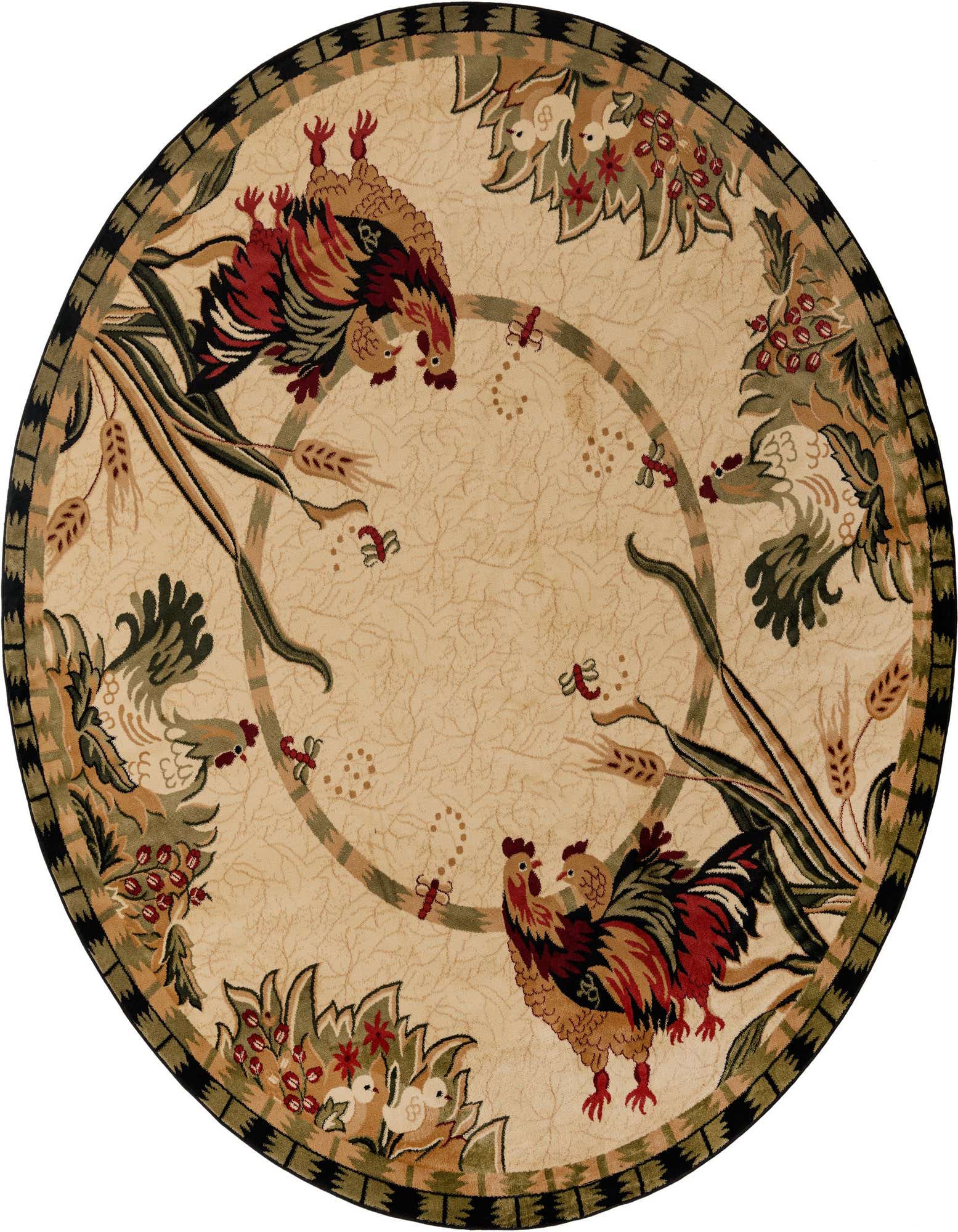 A 10-foot round ivory rug with a traditional country pattern featuring roosters, hens, chicks, wheat stalks, and floral accents.