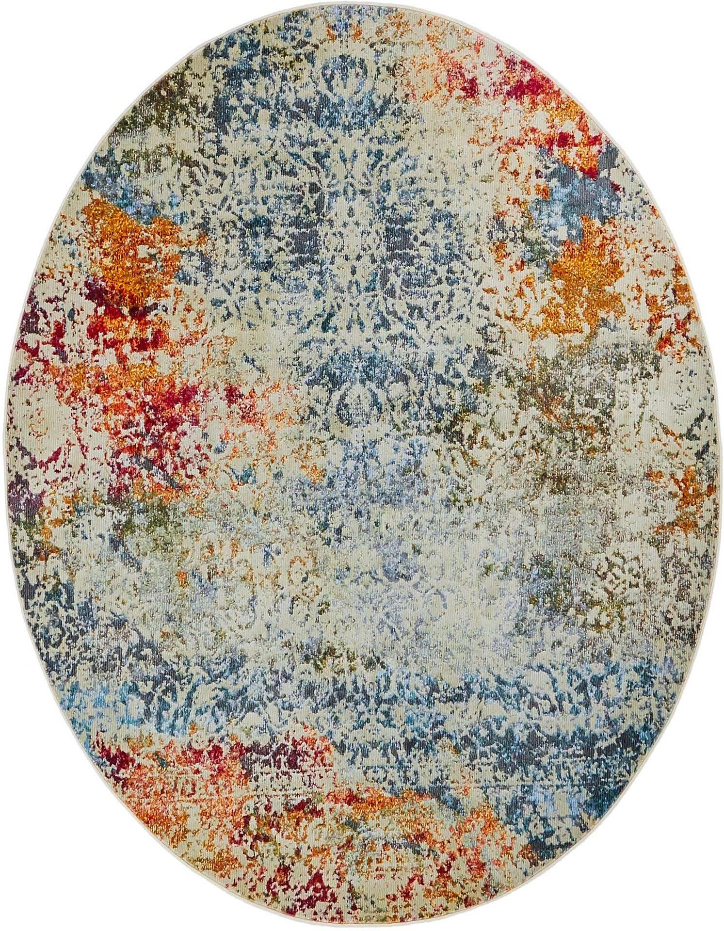 A 5' 5 round ivory rug with an eclectic, distressed medallion pattern in shades of blue, orange, red, and green.