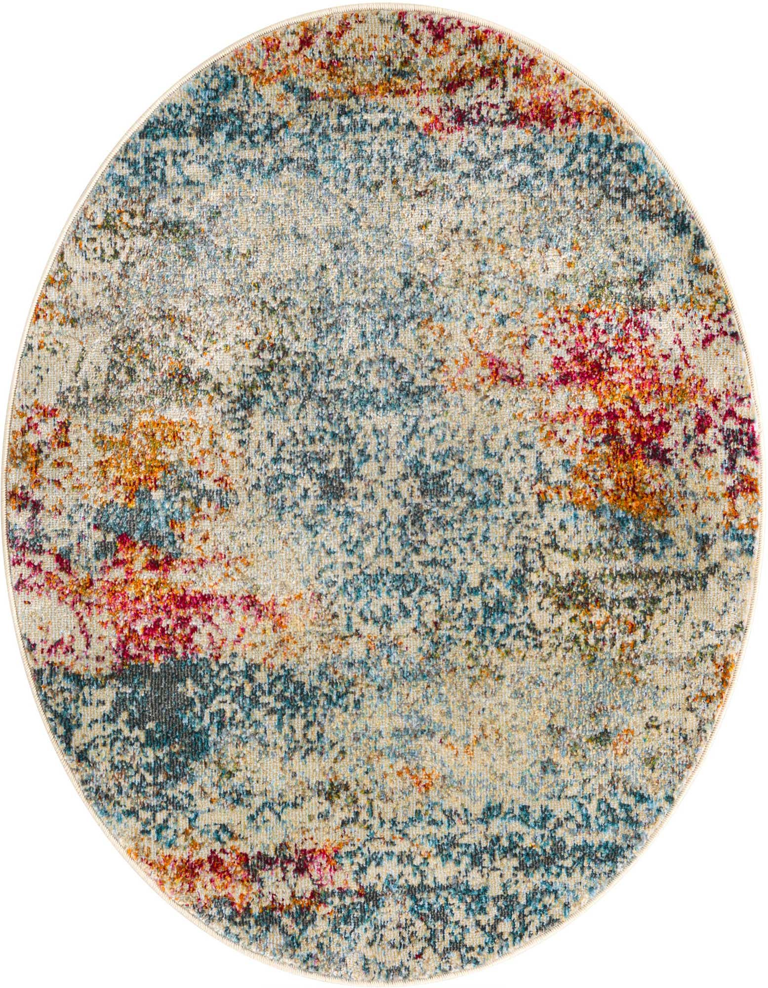 A 3' 3 x 3' 3 round ivory rug with an eclectic, abstract pattern in teal, red, and orange hues.