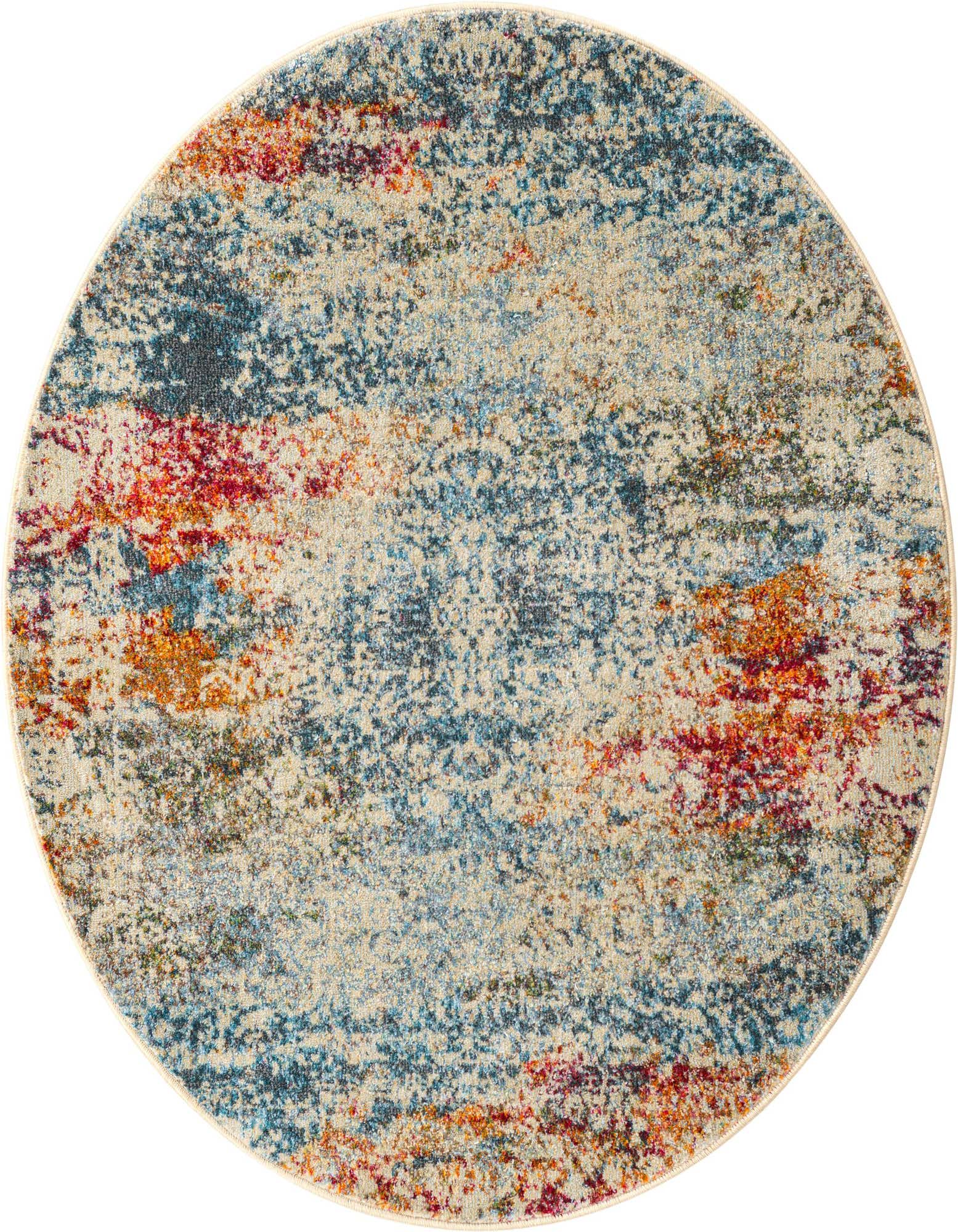 A 4' 3 round ivory rug with an abstract, eclectic pattern in shades of blue, orange, and red.