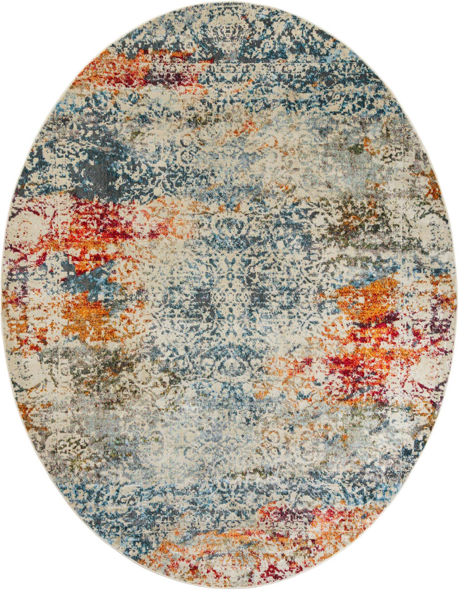 A 10-foot round ivory area rug with an eclectic, distressed medallion pattern in shades of blue, orange, and red.