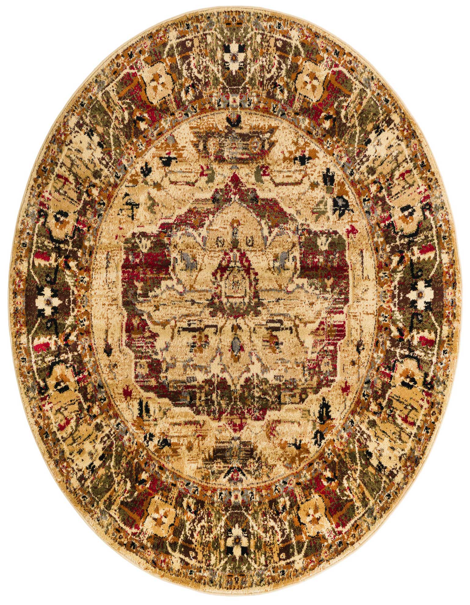 A 5' 3 round ivory and cream traditional medallion rug with distressed red, green, and brown accents.