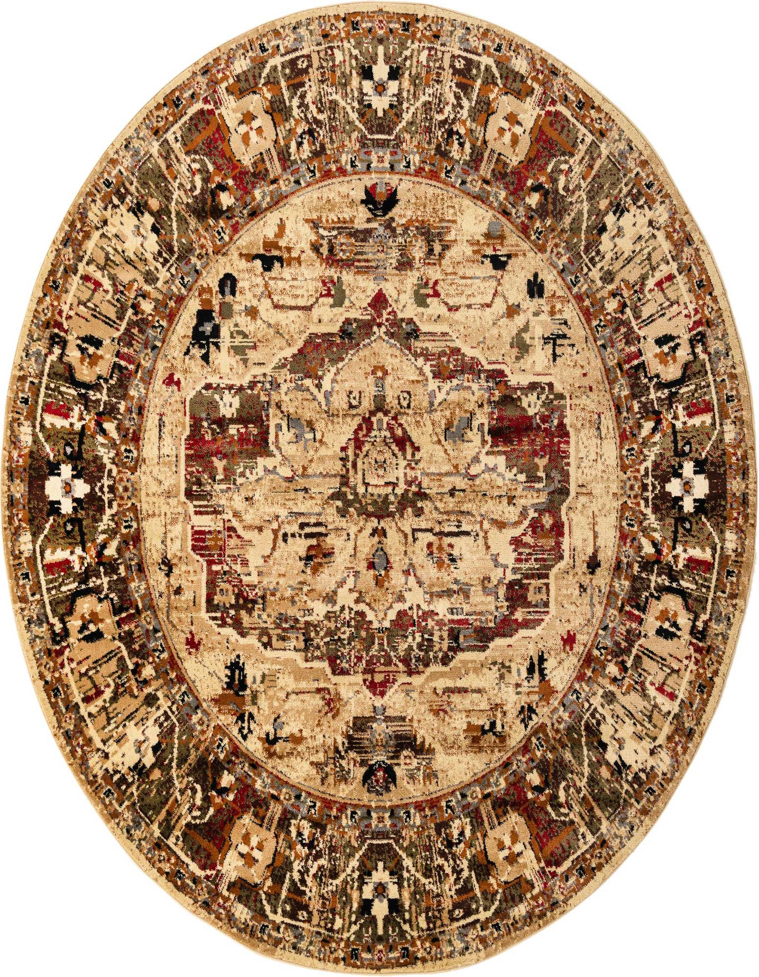 A 7' 10 round ivory rug with a distressed traditional medallion pattern in shades of cream, red, brown, and blue.