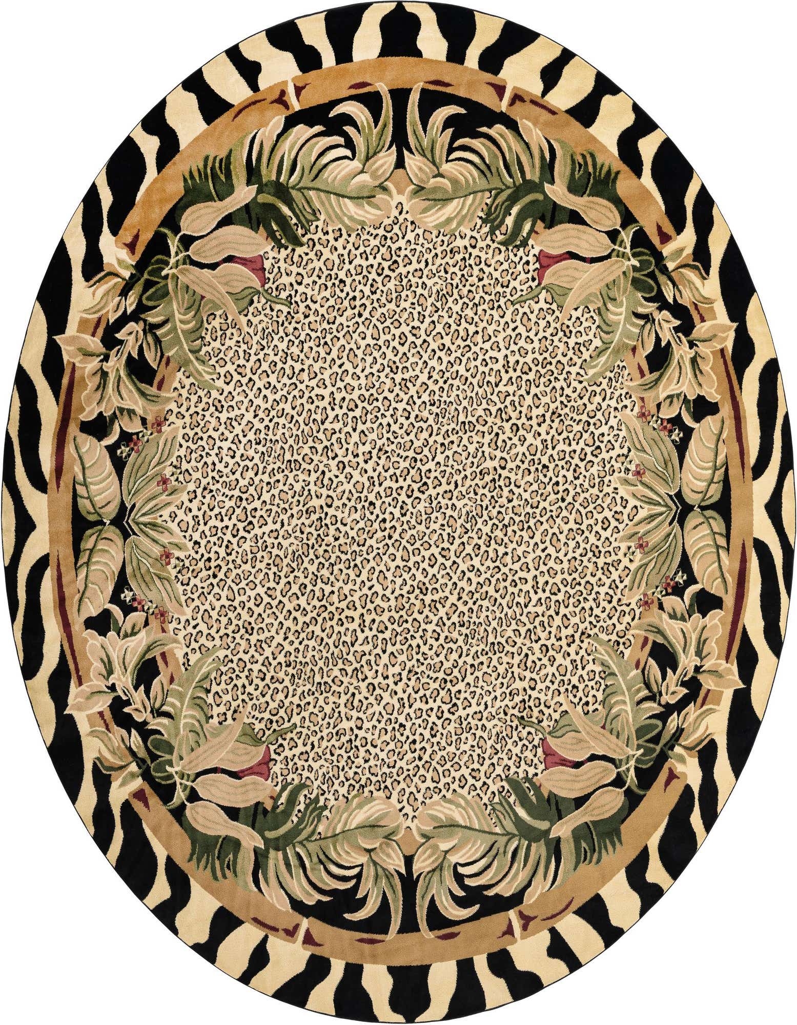 A round Savannah collection rug with a cream leopard print center, framed by green and red botanical leaves, and a bold black and ivory zebra stripe border.