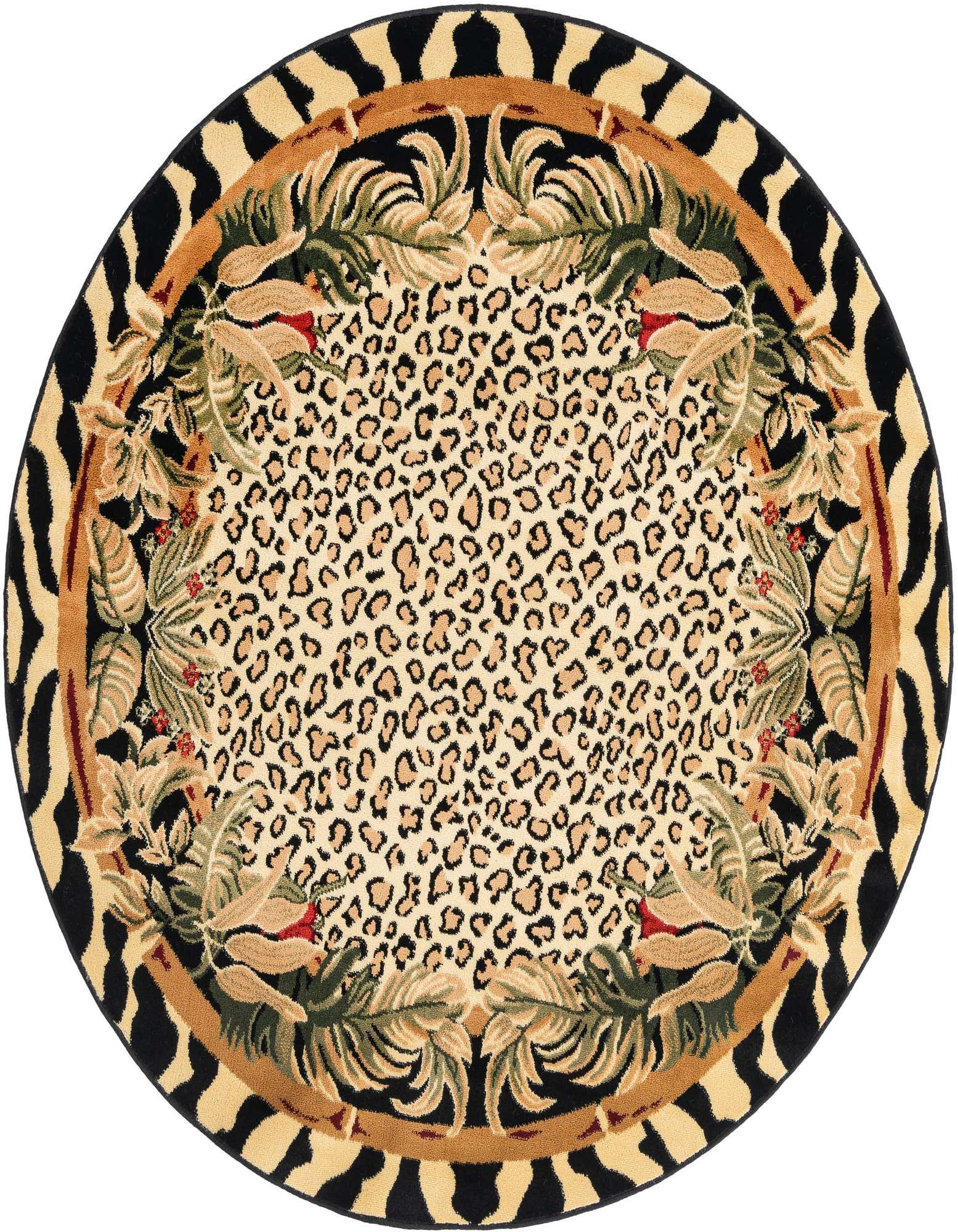 A round Rugs.com Savannah rug featuring a central leopard print, framed by a botanical border with green leaves and red accents, and an outer zebra stripe pattern in black and ivory.