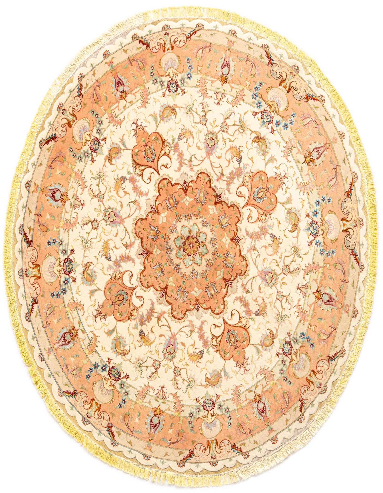 A round 5' 0 x 5' 0 Tabriz Persian rug in ivory and cream, featuring intricate floral and medallion patterns with peach and blue accents, and a fringed edge.