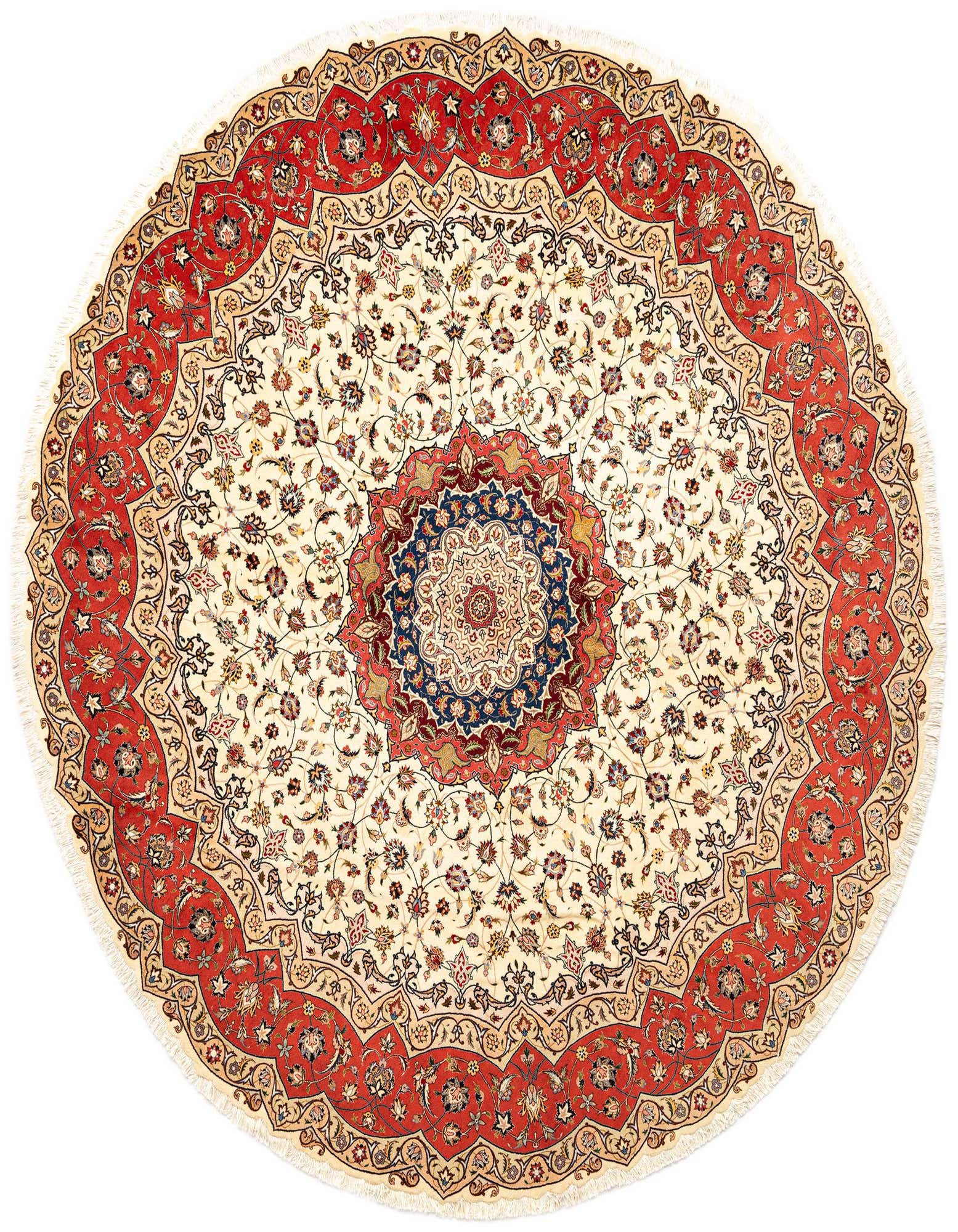 A round 9' 10 x 9' 10 ivory Persian rug with an intricate red border and central medallion design.