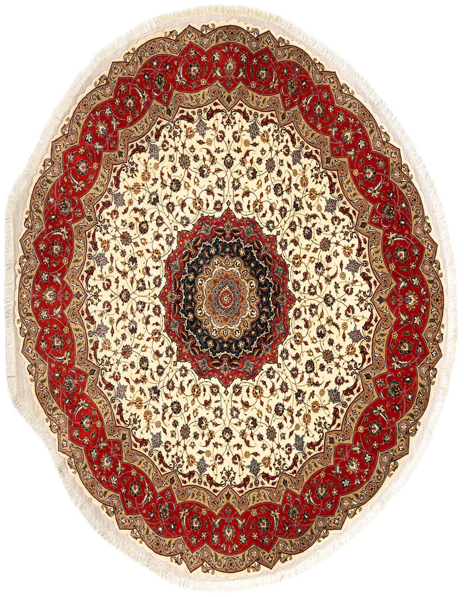 A round ivory Persian rug with a detailed red and gold floral border and a dark central medallion.